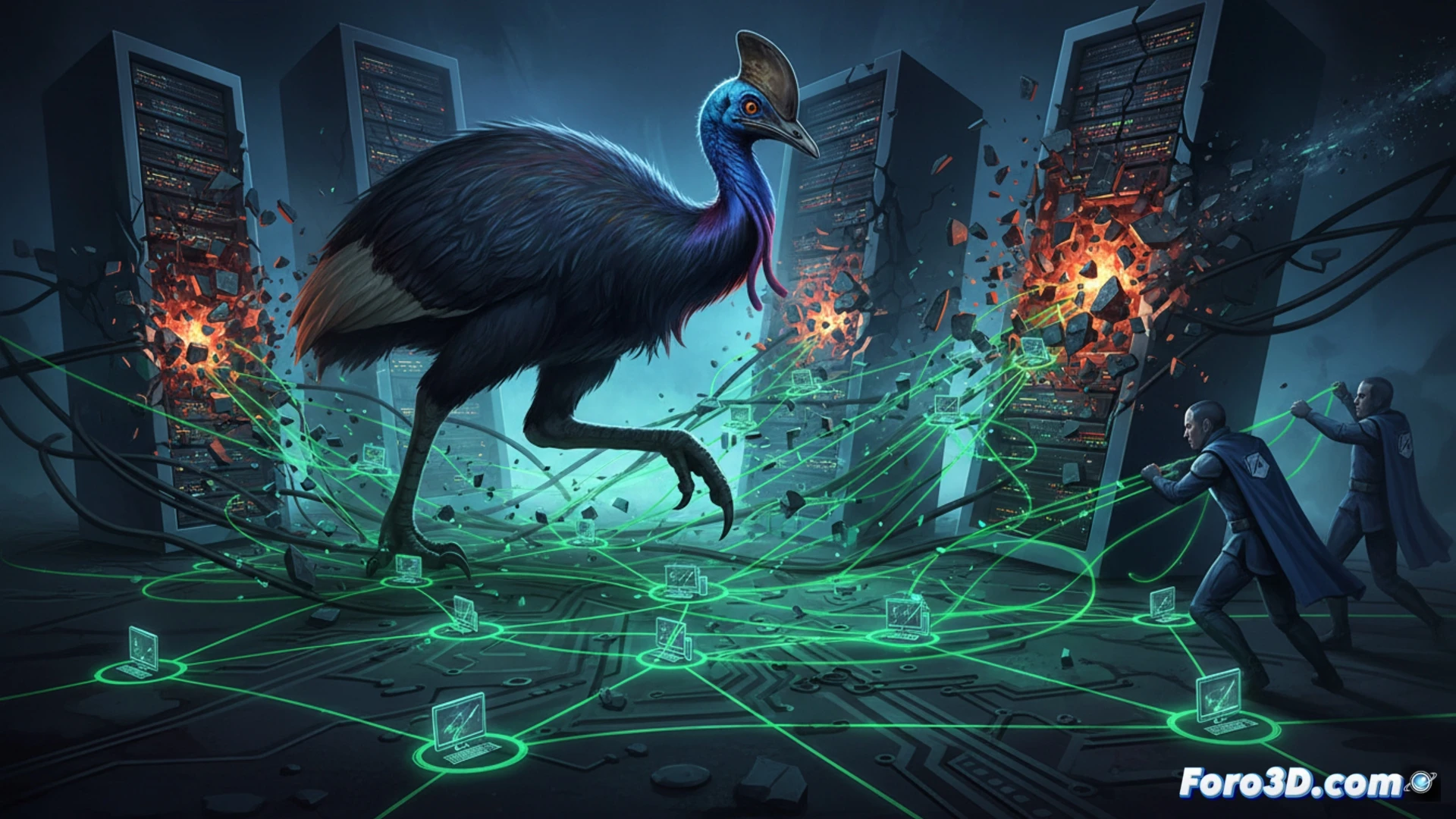 botnet architecture transformation, infected computers connected in decentralized peer-to-peer mesh network, glowing data packets flowing between nodes without central server, Kazuar backdoor code being rewritten inside a system shell, modular plugin blocks snapping into place, network defenders struggling with scattered traffic traces, technical cybersecurity illustration, dark blue and red digital environment, glowing neon green connection lines, abstract topology with rotating nodes, cinematic lighting with volumetric fog, photorealistic render of network infrastructure, high-contrast shadows, data streams pulsing through multiple paths, anti-forensic obfuscation effects