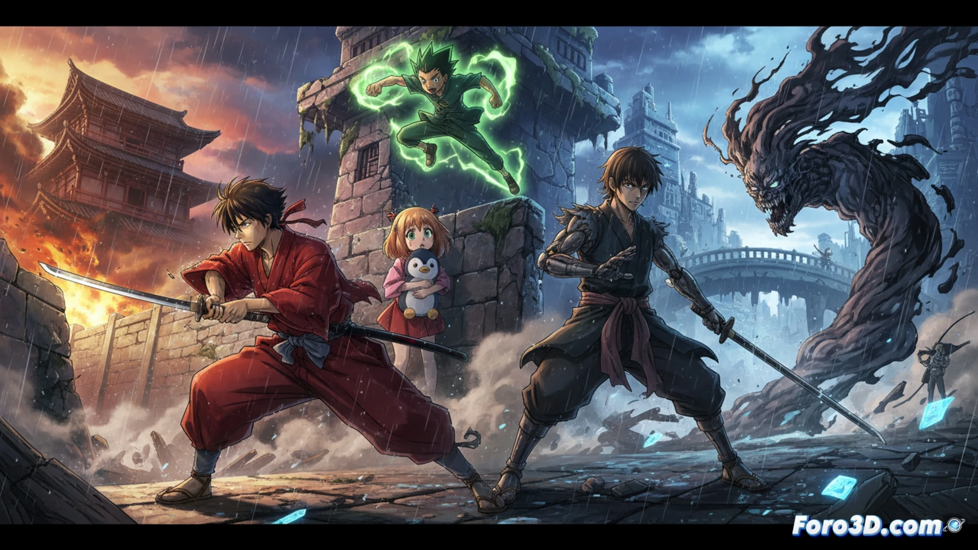 Kazuhiro Furuhashi, de perfil serio, entre celuloide antiguo y pantallas digitales, con Kenshin y los Forger de fondo.