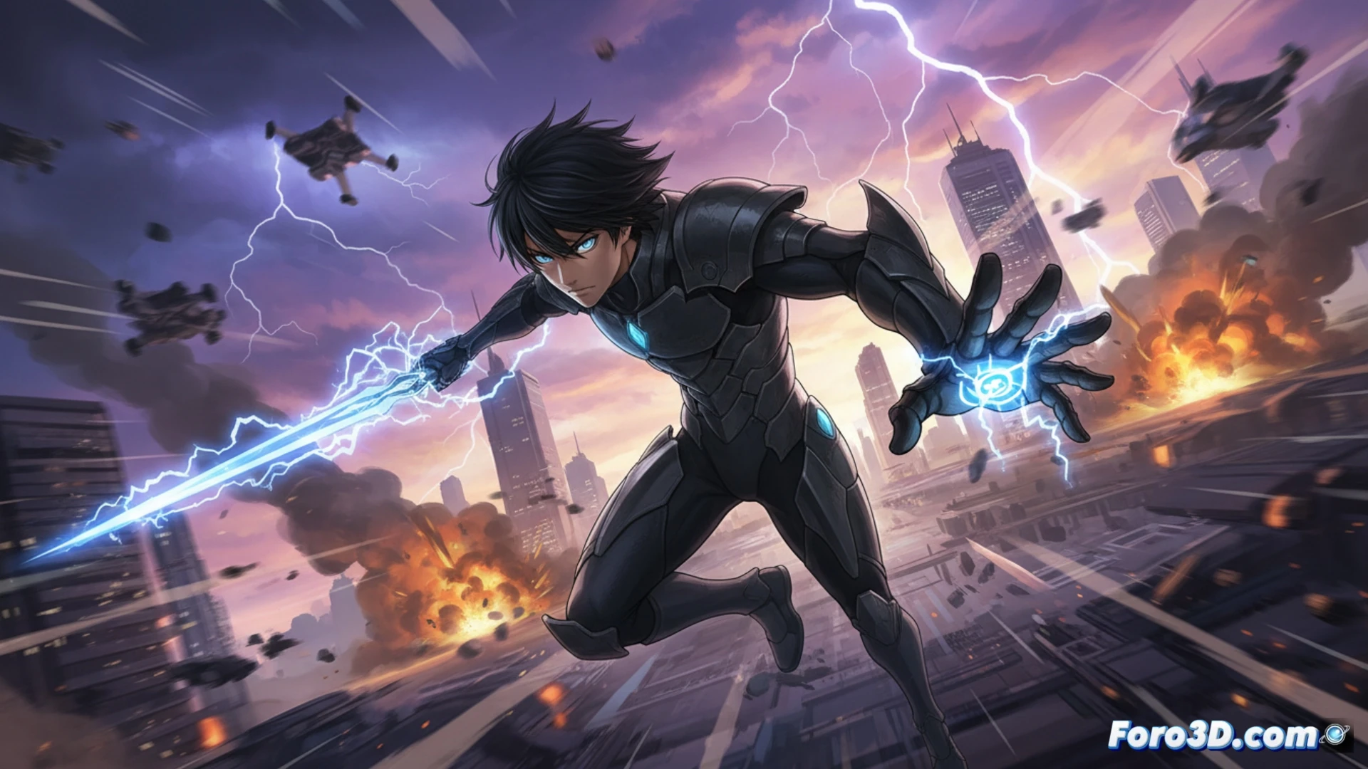 cinematic scene of Kazuto Nakazawa sketching a dynamic action pose on a digital tablet, stylus tip glowing with blue light, while a 3D wireframe character model rotates on a secondary screen, motion lines and particle effects bursting from the drawing, mechanical armatures and keyframe timelines visible in background software interface, high-contrast lighting with dramatic shadows, photorealistic technical illustration, intense creative process captured mid-stroke