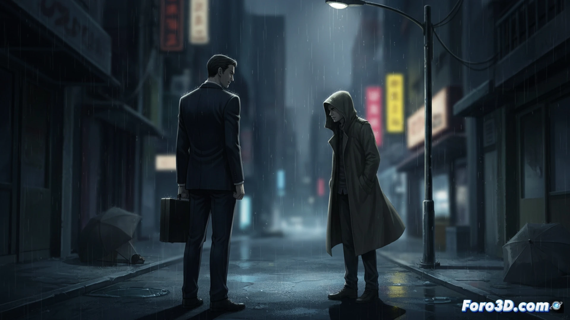 Una escena de cine con luz tenue y sombras marcadas; dos personajes en silencio, sus gestos contenidos transmiten tensión emocional y elegancia visual.