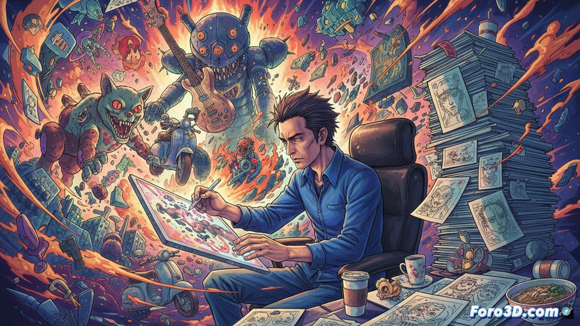 Kazuya Tsurumaki en un torbellino animado de FLCL: caos adolescente, robots y trazos grotescos.