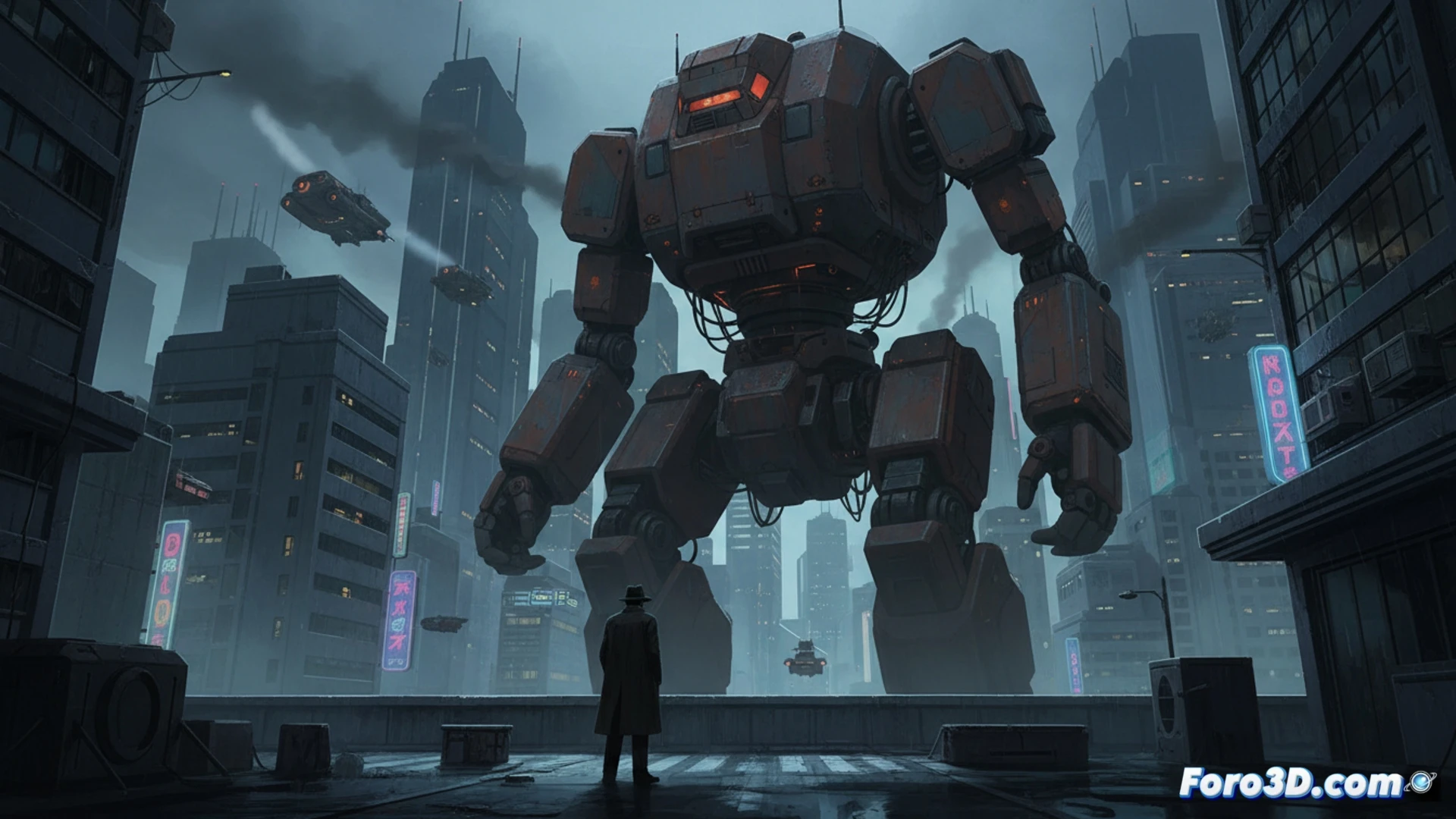 Retrofuturistic noir anime cityscape, a giant rusty mecha towering over a rain-soaked street, a detective in a trench coat standing near a flickering neon sign, holding a metallic briefcase, while a broken android lies sparking at his feet, dark industrial buildings with exposed pipes and glowing red vents in the background, heavy fog and mist, muted teal and amber color palette, dramatic chiaroscuro lighting from a single streetlamp, cinematic wide shot, photorealistic technical illustration, detailed mechanical joints and rivets on the mecha, wet asphalt reflecting dim lights, 1980s aesthetic with gritty atmosphere