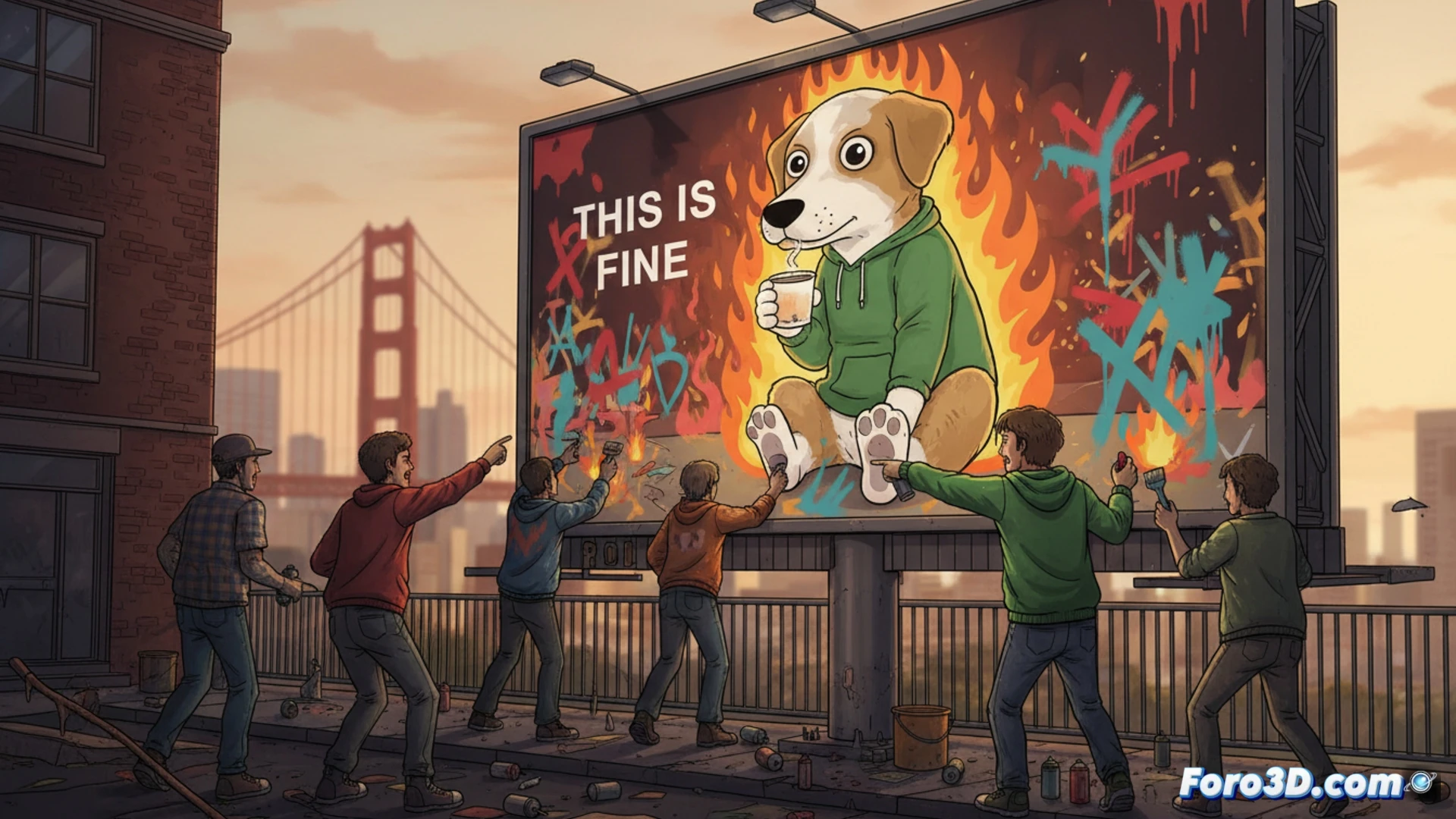 Una ilustración muestra un cartel del metro de San Francisco con el meme del perro en llamas, pero el texto dice 'Ava, the AI BDR'. Al lado, KC Green señala el cartel con un marcador, mientras pasajeros sonríen y uno dibuja un garabato sobre el anuncio.