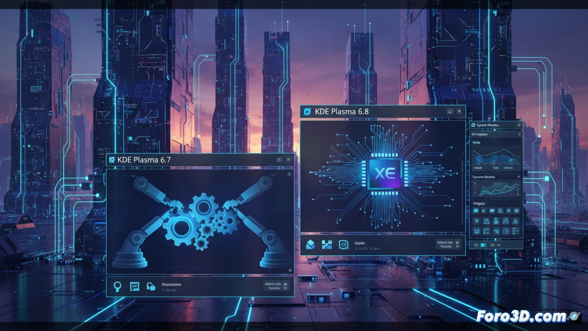 KDE Plasma 6.7 escritorio estable con ventanas limpias y sin fallos, mientras en primer plano un monitor de sistema muestra gráficos de sensor Intel Xe en tiempo real, con datos de uso de GPU y temperatura, al lado un código fuente abierto en un editor técnico, estilo cinematic technical illustration, iluminación azul oscuro y neón, texturas metálicas suaves, transición visual entre versiones 6.7 y 6.8, elementos de interfaz flotando, fondo de placa base con disipadores, render fotorrealista con enfoque nítido en detalles de hardware y software