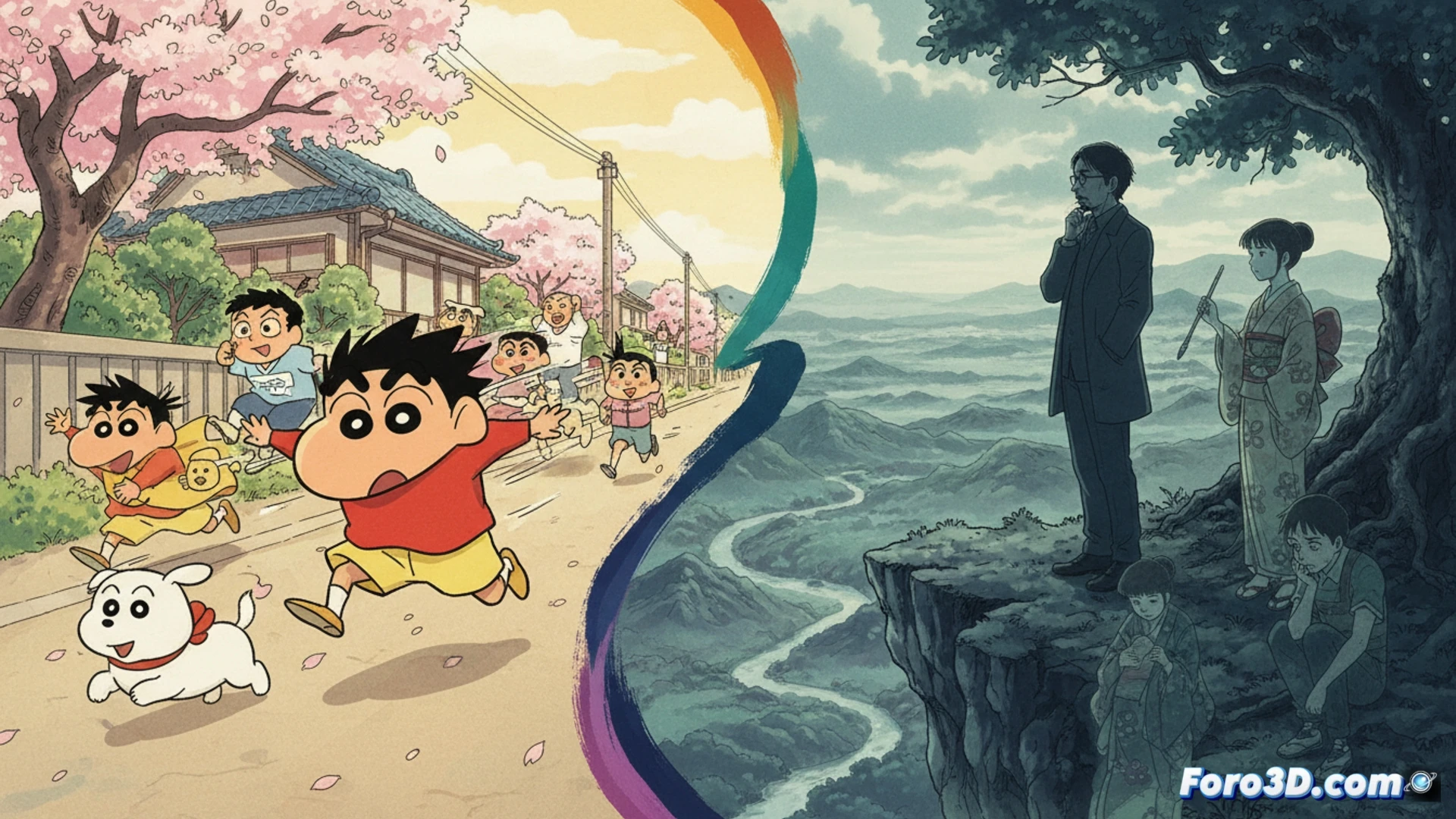 Un primer plano de Keiichi Hara, con lentes, mira sereno hacia un paisaje onírico. A su alrededor, bocetos de Shin-chan, Colorful y Miss Hokusai flotan como recuerdos. La luz suave y tonos acuarela evocan su humanismo melancólico.