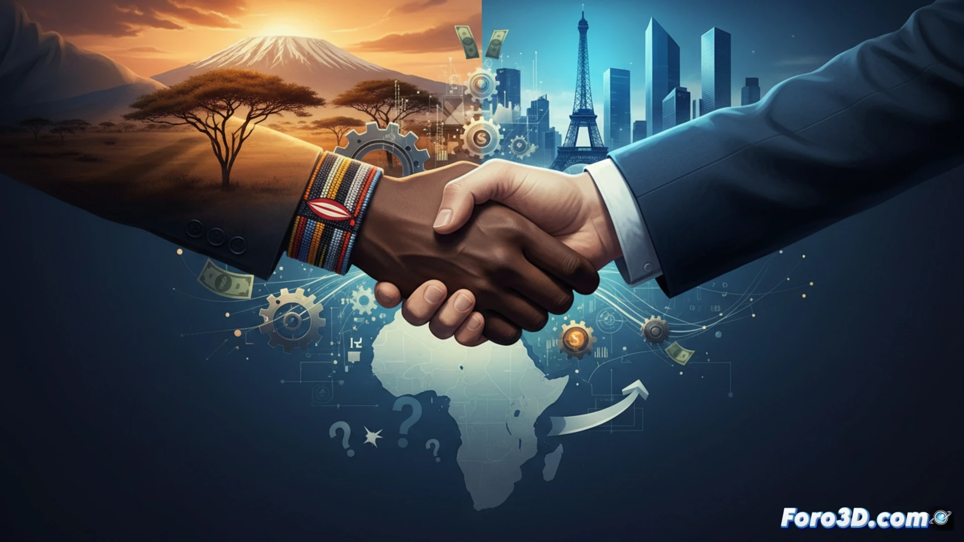 Una imagen panorámica de la cumbre África Forward en Nairobi: líderes de Kenia y Francia estrechando manos sobre un mapa brillante de África, rodeados de paneles solares y bosques verdes, simbolizando inversión, seguridad y cooperación climática.