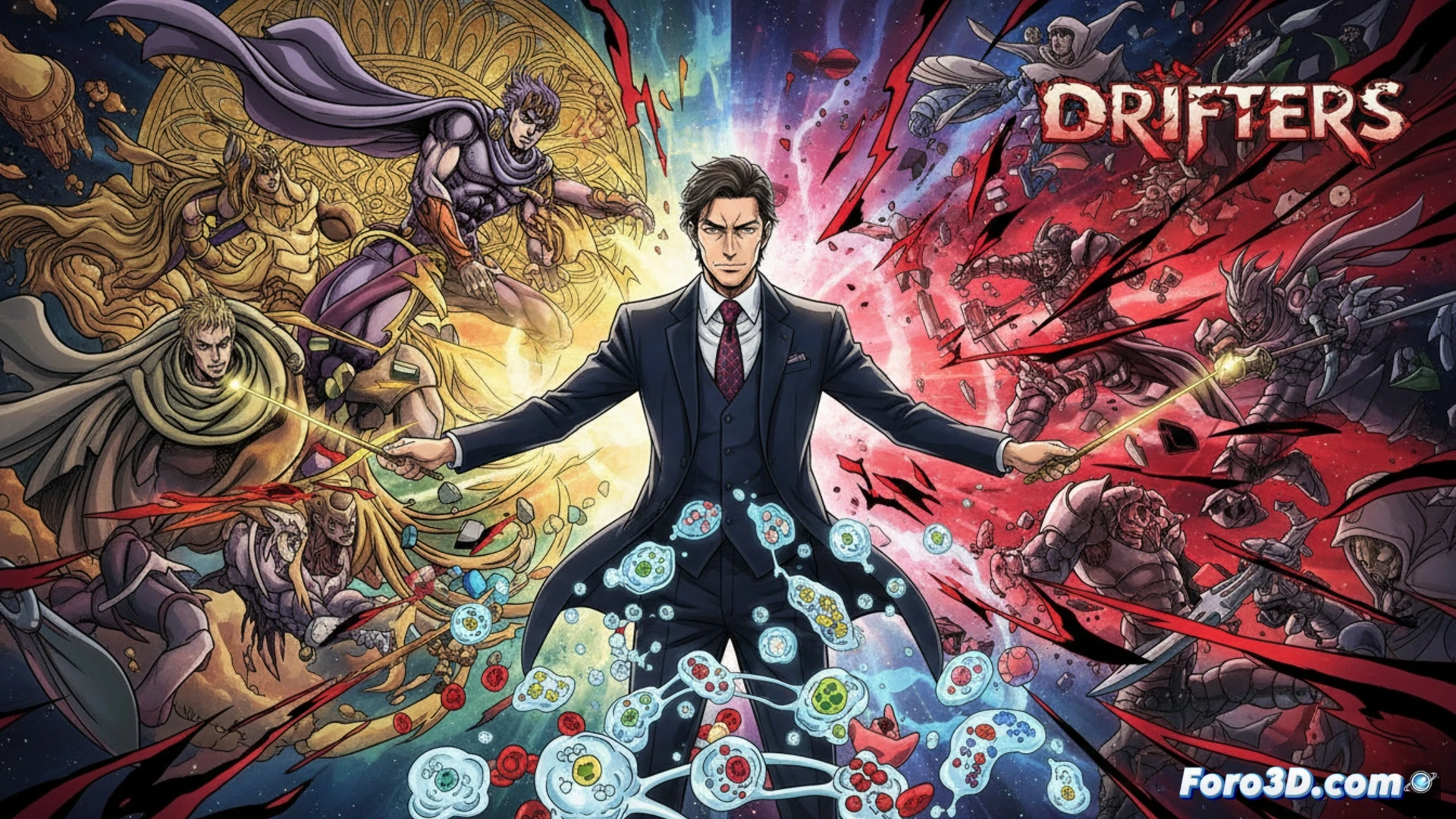 Kenichi Suzuki en acción: storyboards y luces dinámicas reflejan la energía visual de David Production entre JoJo, Drifters y Cells at Work.