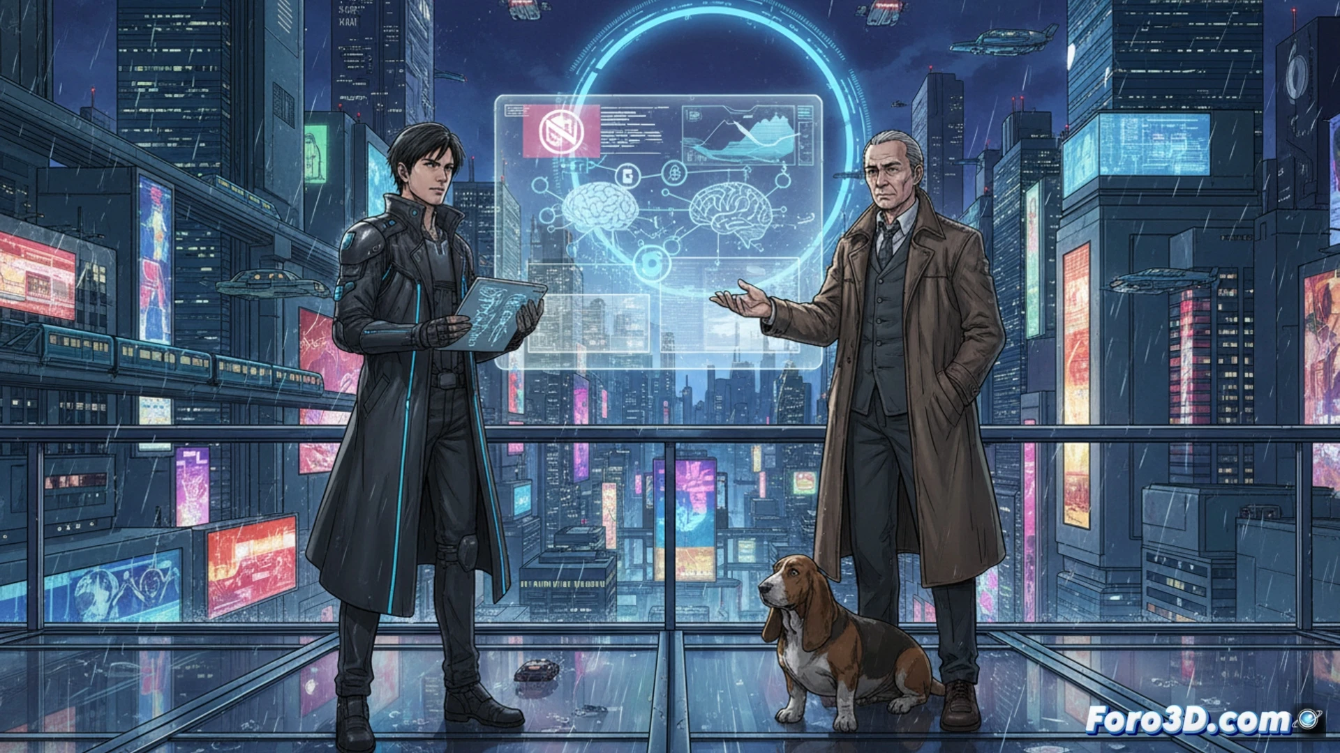 Kenji Kamiyama, ante un monitor de datos, proyecta sombras de Ghost in the Shell; Oshii observa desde un fondo difuso.