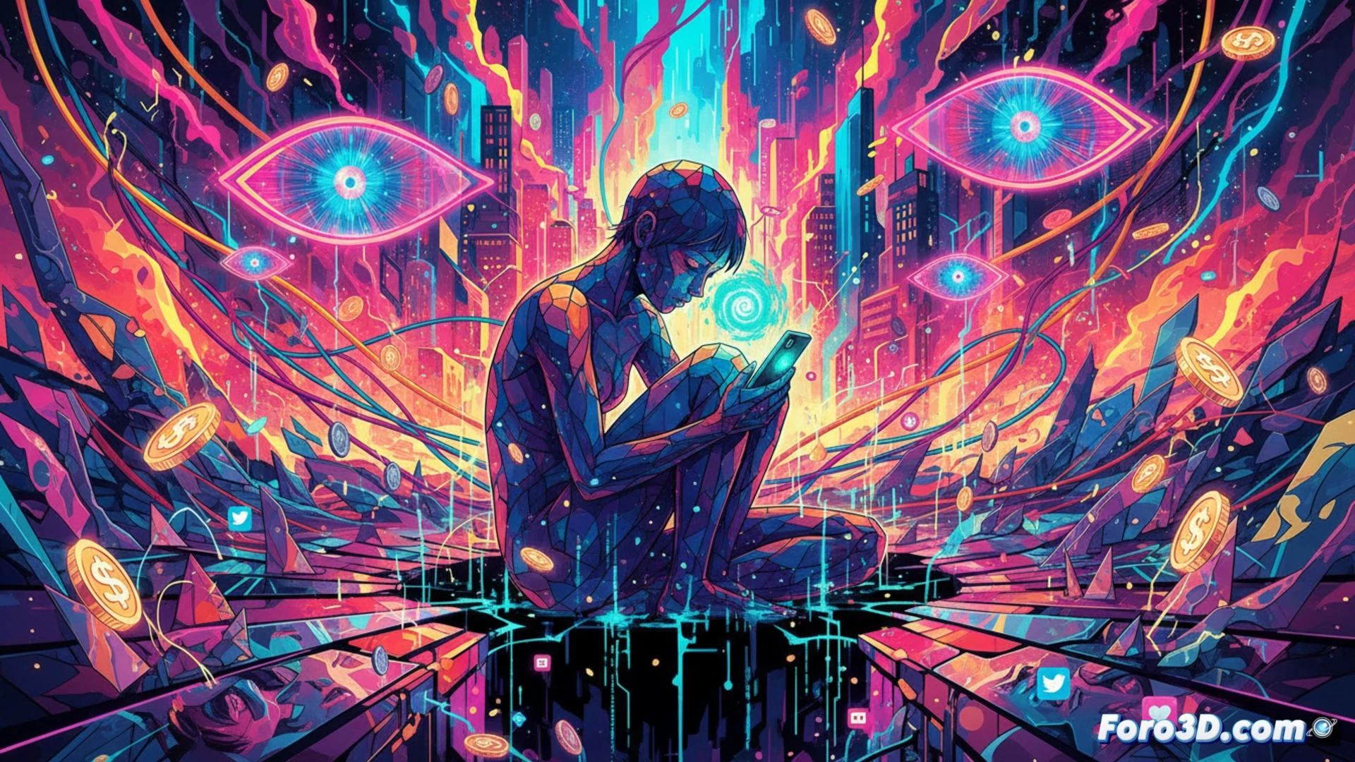 Kenji Nakamura: vibrante animación surrealista, un arcoíris digital refleja una silueta solitaria frente a pantallas rotas.