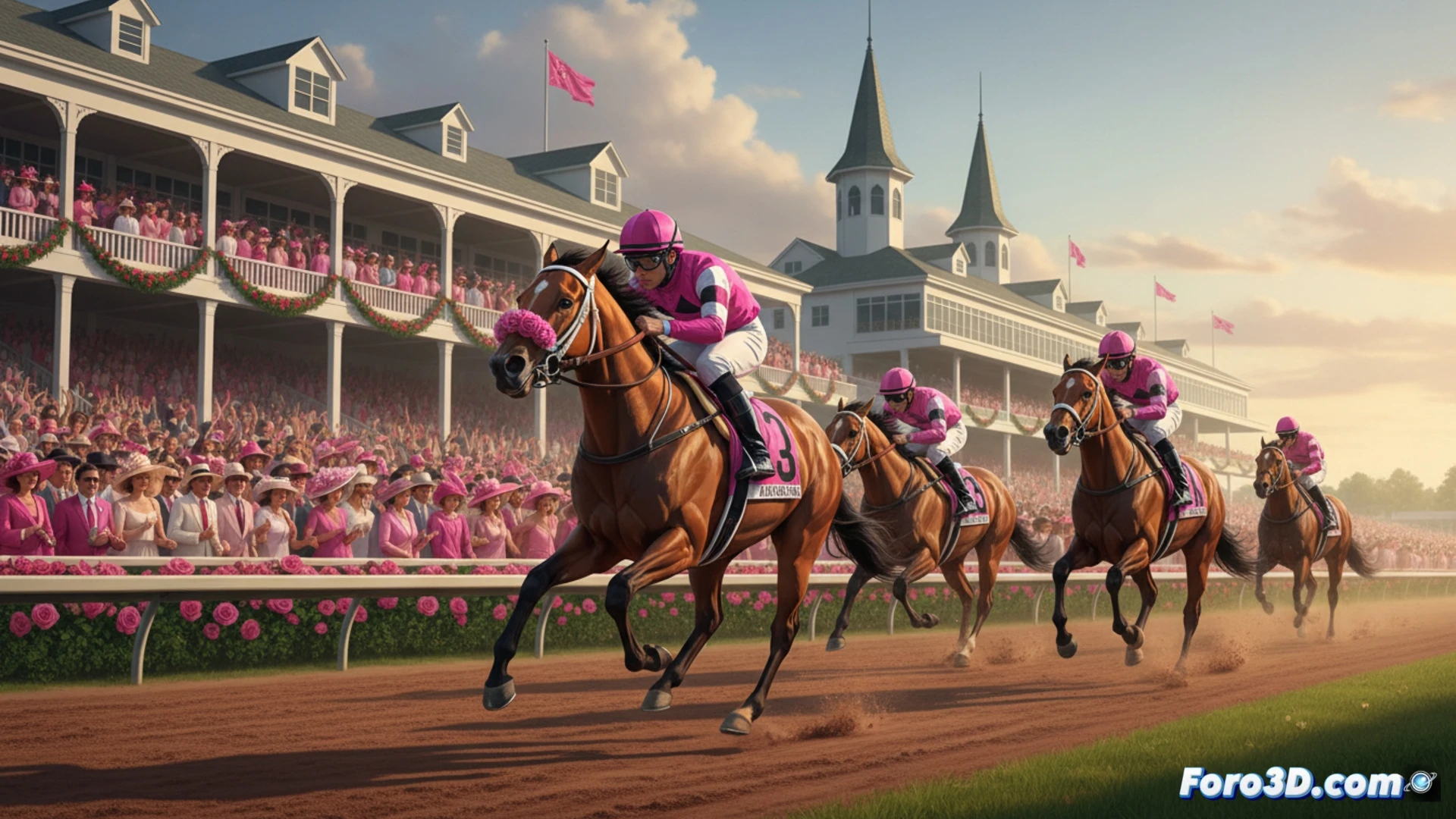 Una vista panorámica de Churchill Downs teñida de rosa: elegantes sombreros floridos, trajes y la pista de arena, mientras los caballos galopan al fondo entre la multitud.