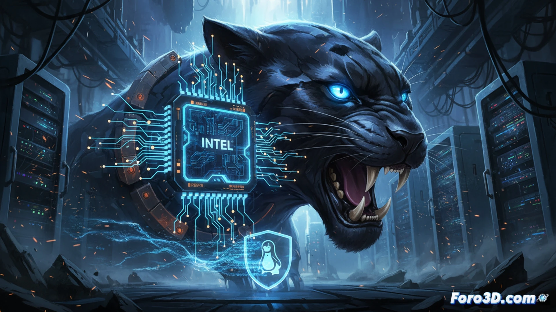 Panther Lake R processor being stress-tested inside an industrial edge computing chassis, reinforced silicon die visible under magnified cross-section, ruggedized motherboard with extra shielding layers, thermal sensors glowing orange during high-load operation, kernel log scrolling on a monitor displaying new model ID detection, robotic arm handling the chip in a cleanroom environment, sparks from a vibration test rig simulating hostile conditions, cinematic engineering visualization, metallic heatsink with copper heat pipes, blue LED indicators on embedded system board, photorealistic technical render