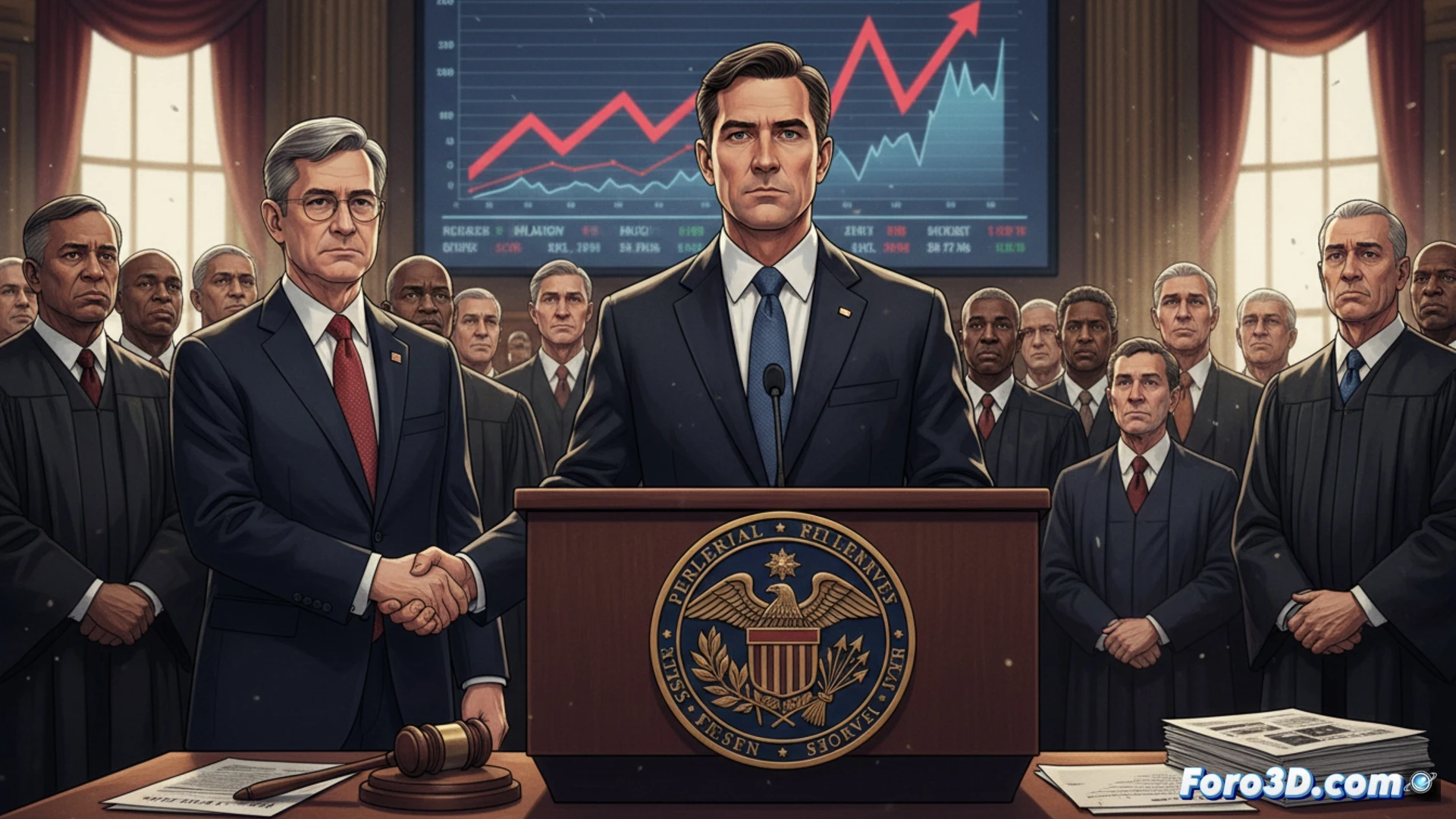 Kevin Warsh firma documentos en la Fed, con Jerome Powell de fondo y gráficos de inflación y mercados volátiles.