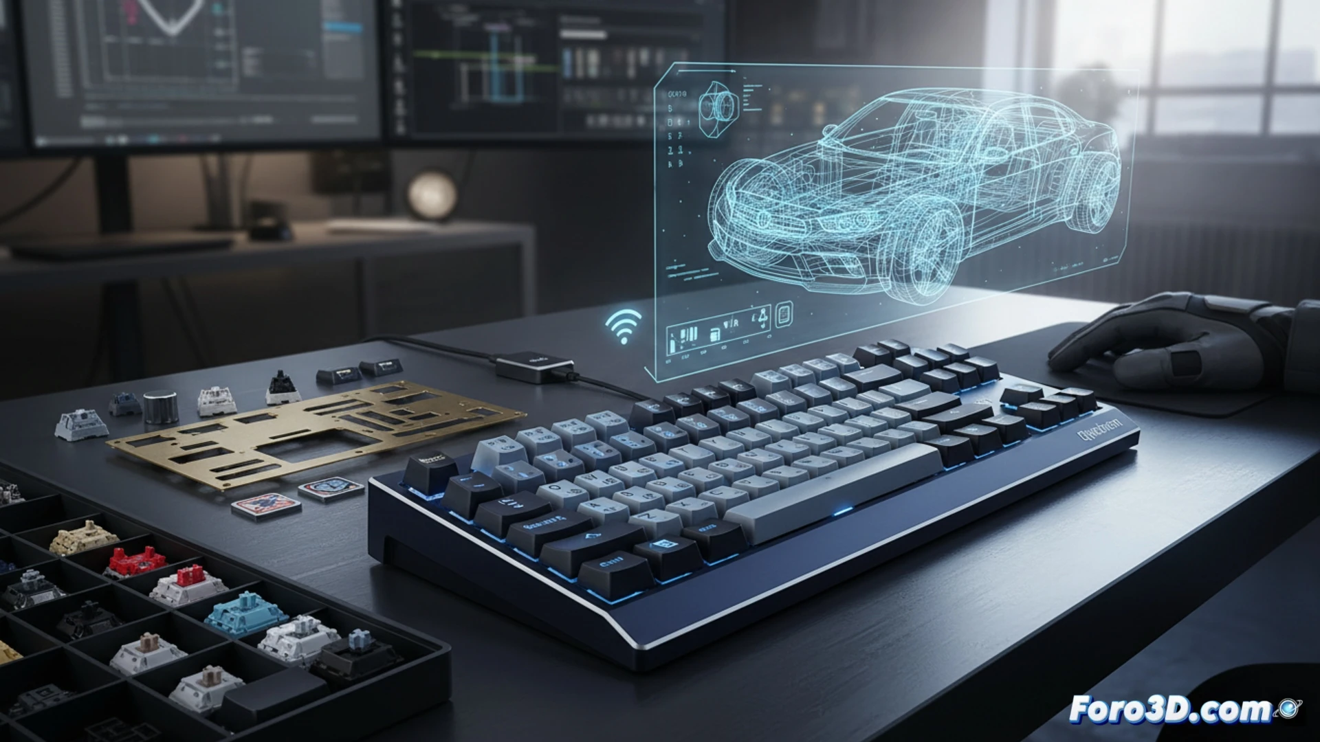 Keychron Q1 Max teclado mecánico metálico sobre una mesa de diseño 3D, con un ingeniero quitando una tecla con un extractor, mostrando la estructura interna de aluminio anodizado y el switch intercambiable, un cable USB-C desenchufado junto a una herramienta de calibración, monitor de fondo con interfaz VIA abierta mostrando capas de configuración, iluminación cinematográfica de estudio, sombras duras sobre superficie de carbono, photorealistic engineering visualization, textura de metal cepillado visible, acción de personalización en proceso