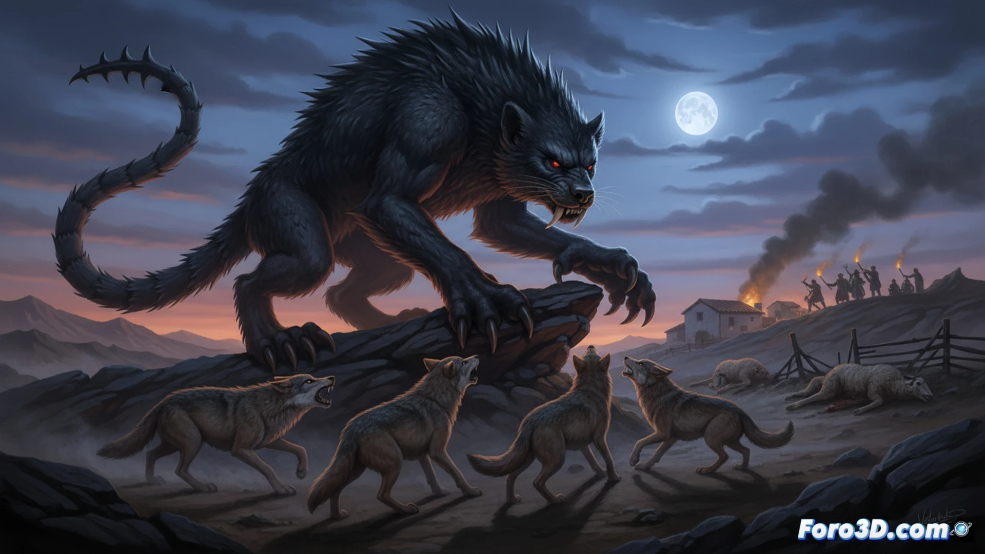 Lobo ibérico alerta junto a cadáver de ganado; al fondo, silueta del khipshang invasor entre niebla y pinos.
