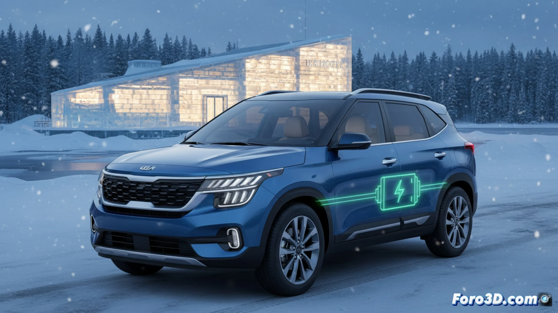 SUV Kia Seltos 2025 rojo metalizado en carretera sueca, diseño renovado, faros LED y maletero abierto con 536 litros visibles.
