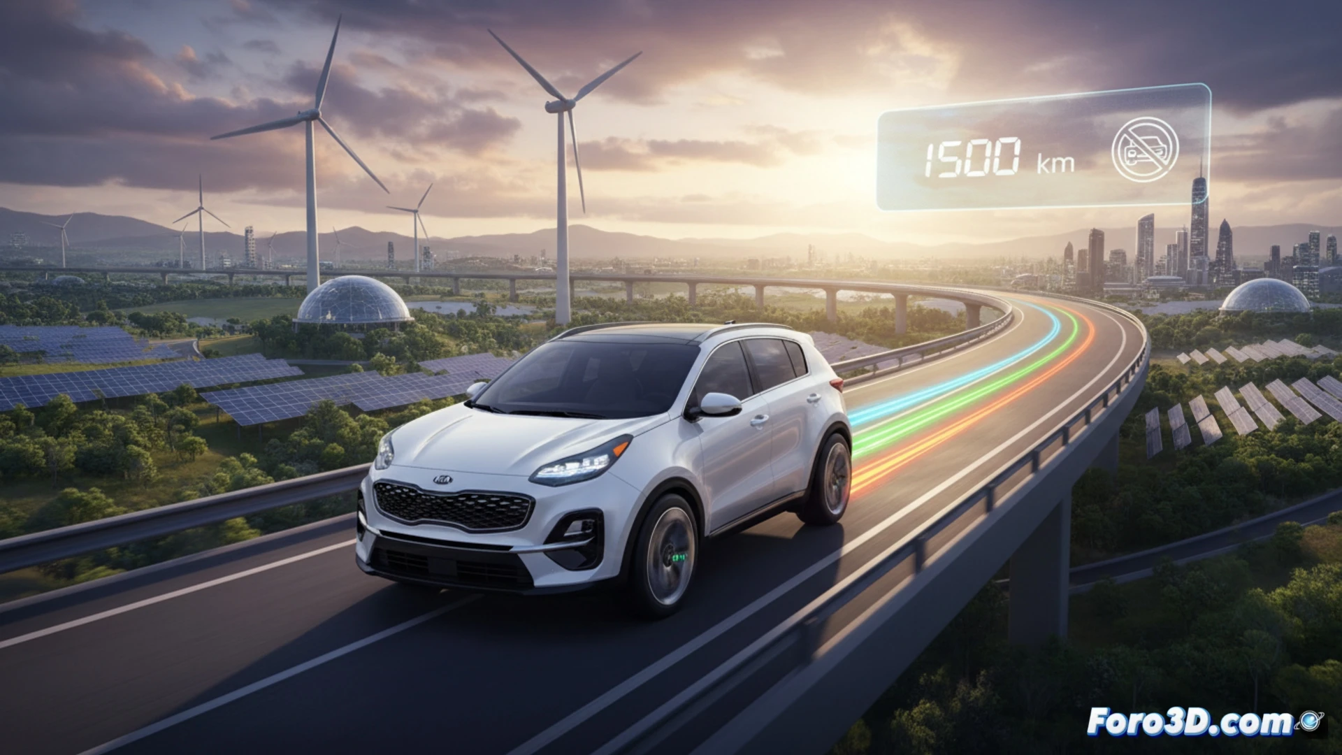 SUV KIA Sportage Tri-Fuel en carretera abierta, con iconos de gasolina, GLP y batería; fondo de horizonte infinito y mapa de ruta de 1.500 km.