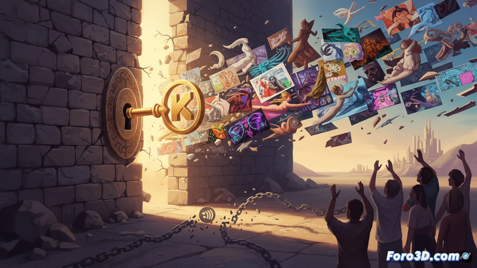 A surreal scene of a cracked stone tablet labeled NSFW being hastily glued back together by a robotic arm, while a glowing Stripe logo looms in the background as a shadowy puppet master pulling financial strings. On a wooden workbench, a Kickstarter-branded hammer lies abandoned next to a scroll of community guidelines being torn in half. Cinematic photorealistic style, dramatic chiaroscuro lighting, metallic reflections on the robotic arm, scattered gears and payment terminal components on the table, action of repair and reversal, tension between creative freedom and corporate control, ultra-detailed textures, moody workshop atmosphere.