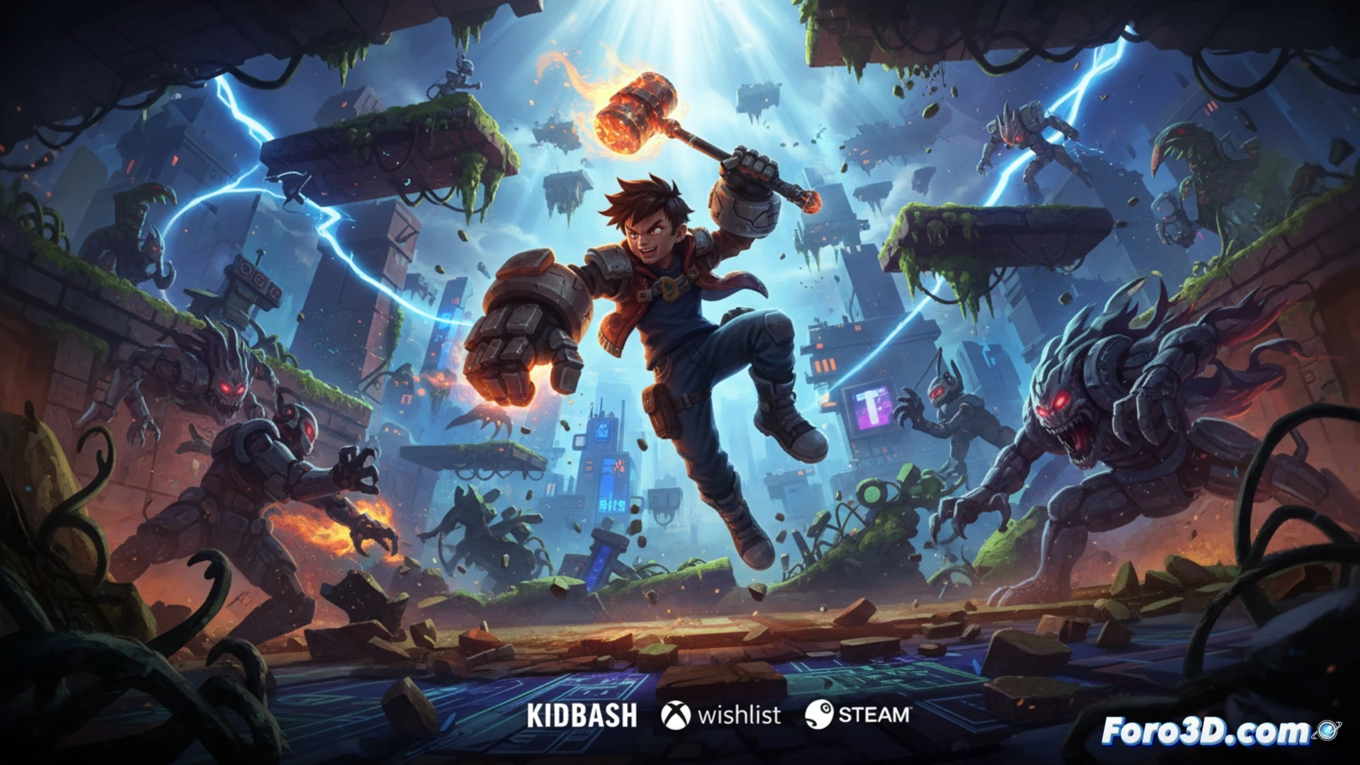 Kidbash Super Legend pixel-art character leaping across crumbling stone platforms while a procedurally generated dungeon shifts behind them, glowing rogue-like power-up orbs floating mid-air, enemy projectiles scattering as the hero swings a glowing bat, authentic retro game development scene showing sprite layers and collision boxes, cinematic 16-bit style with modern lighting effects, dynamic action pose, dramatic shadows, particle effects from pixel explosions, technical illustration of platforming mechanics and random level generation