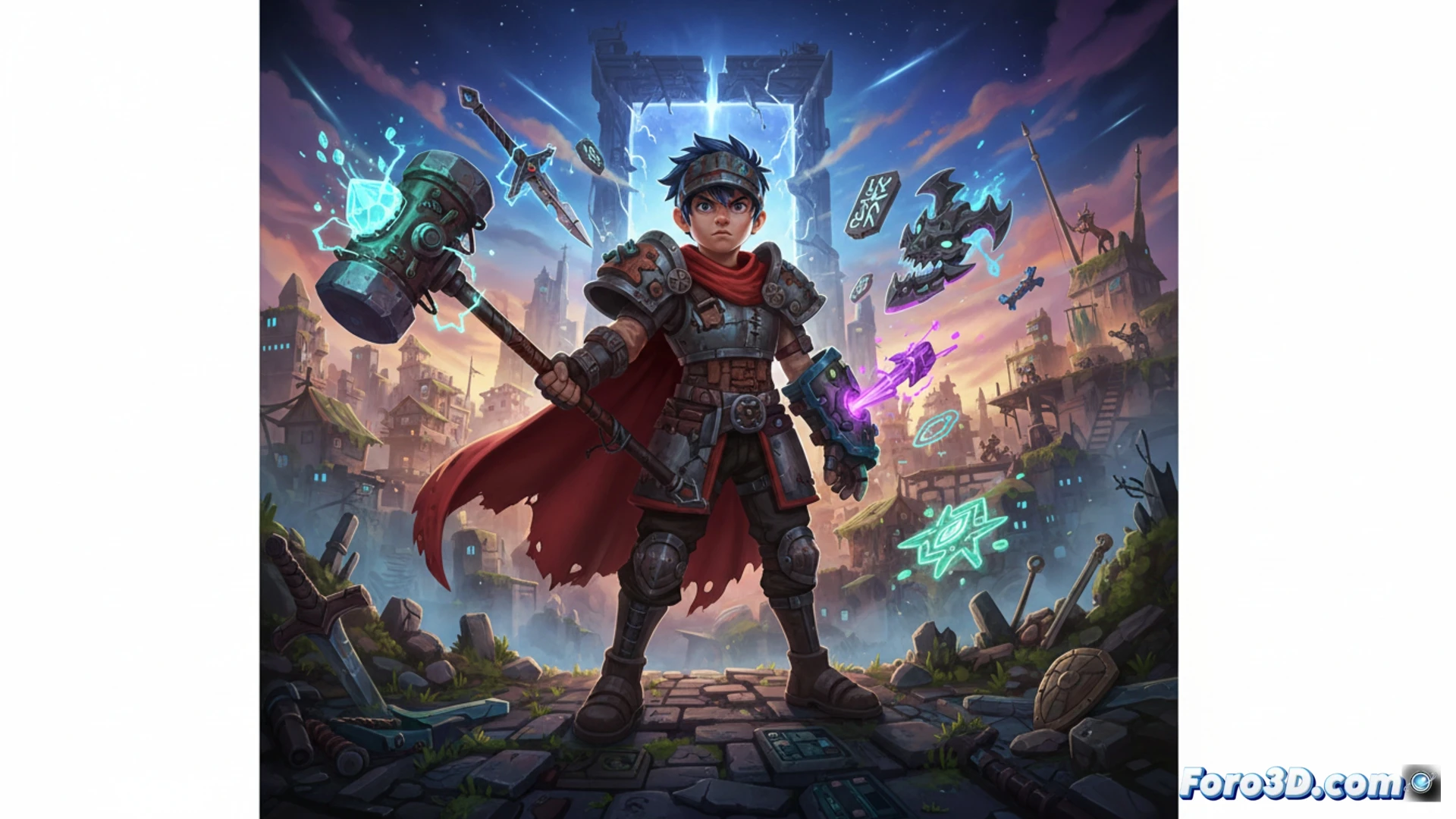 Pixel-art roguelike combat scene inside a glowing neon village, Kidbash leaping mid-air while dual-wielding a fused energy sword and plasma shotgun, particles of combined weapons sparking green and purple, projectile trails intersecting with enemy projectiles from forgotten hero sprites, modular weapon upgrade icons floating near his hands, procedurally generated platforms shifting beneath him, a crafting anvil glowing in the background with upgrade components scattered around, vibrant arcade lighting with volumetric fog, retro-futuristic aesthetic mixed with modern pixel shading, cinematic action shot with motion blur and dynamic perspective, ultra-detailed sprite textures, dramatic glow effects from weapon fusion process
