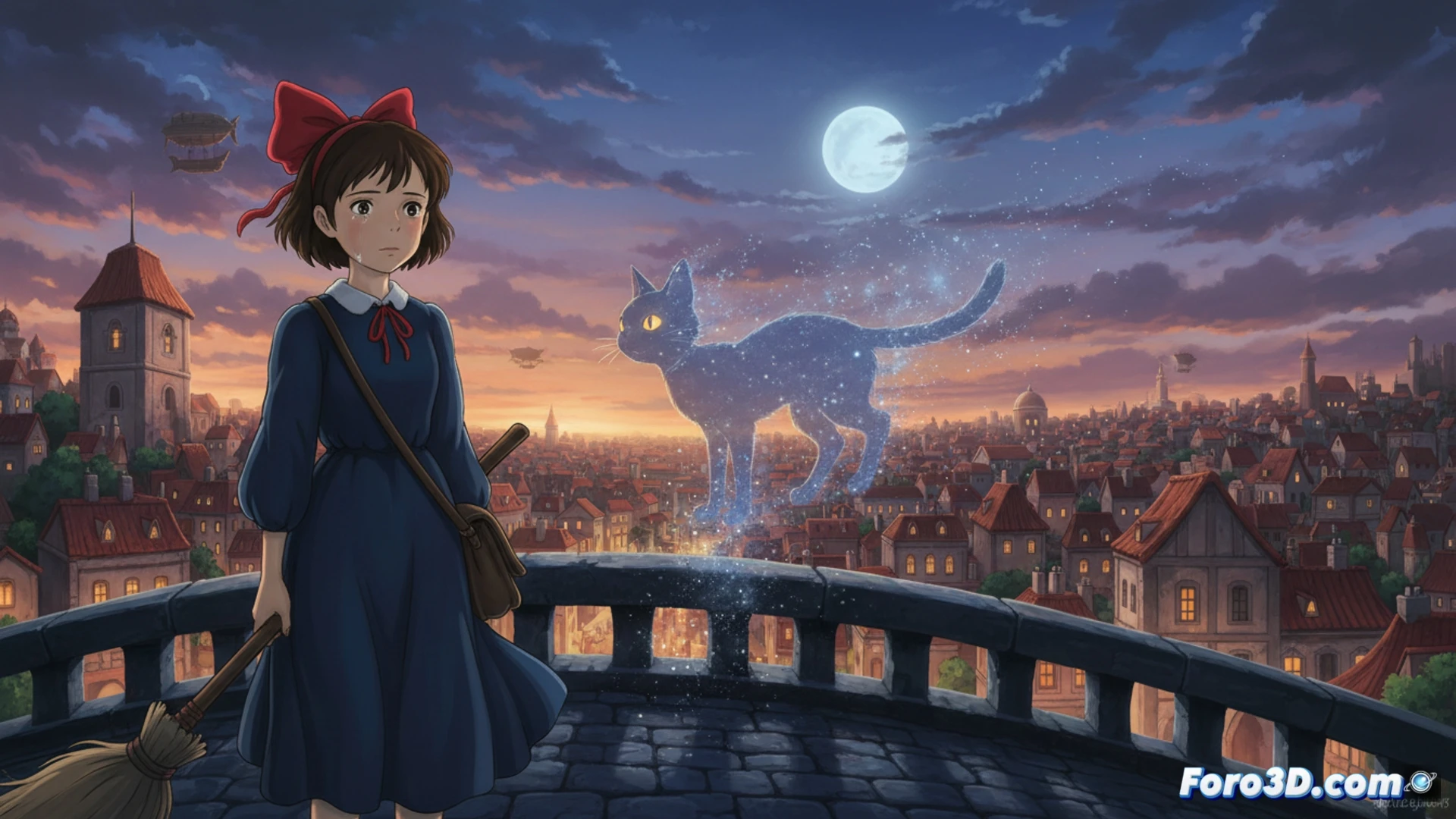 Kiki vuela en su escoba al atardecer, mirando triste a Jiji en el tejado, sin entenderlo, simbolizando su madurez y pérdida mágica.