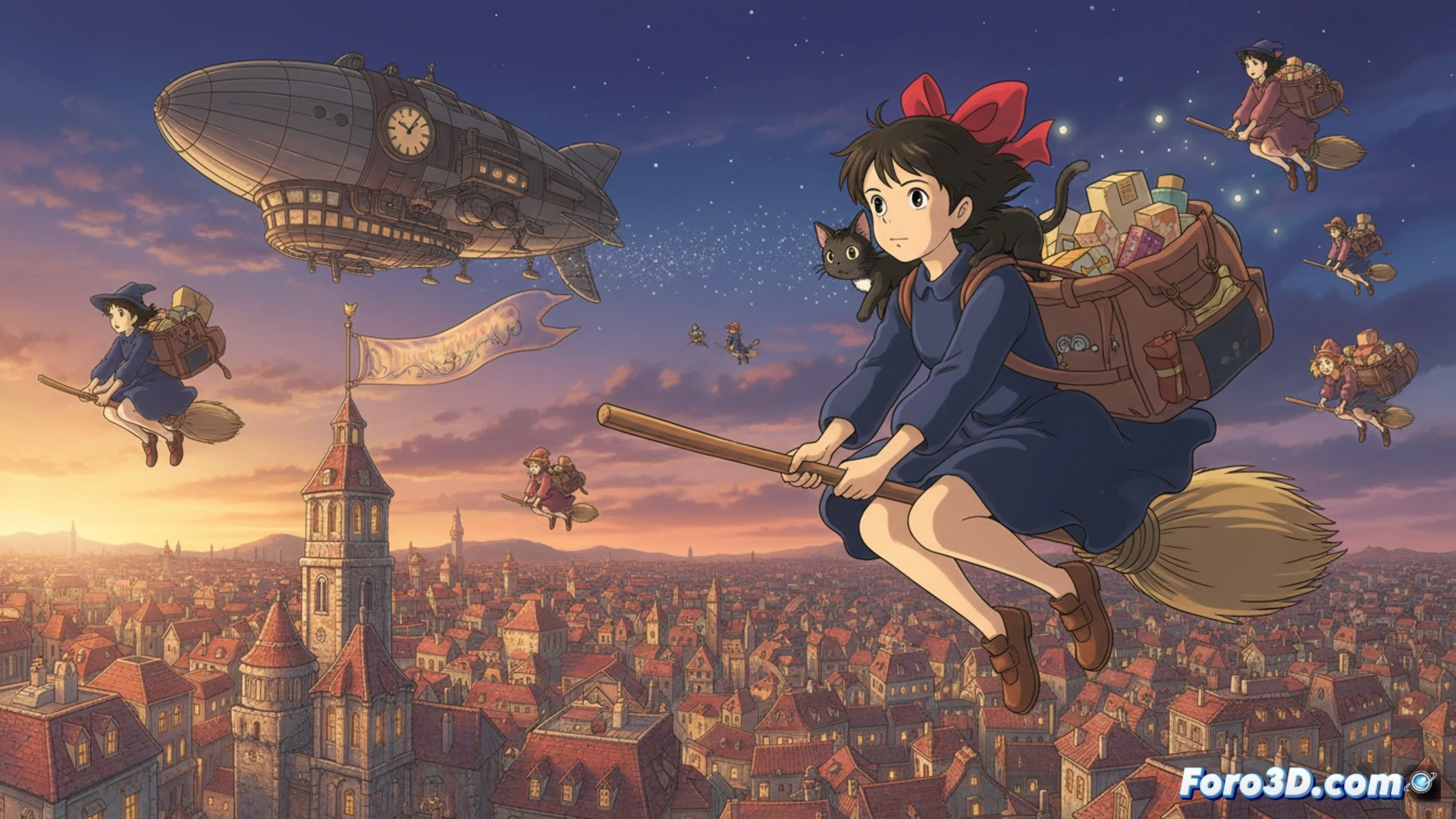young witch Kiki flying on broomstick over a coastal town at sunset, one hand holding a small glowing crystal while the other grips a modern delivery package with a barcode sticker, her black dress and red bow fluttering in the wind, a small radio antenna and GPS tracker strapped to the broom handle, distant clock tower and cobblestone streets below, cinematic aerial view, golden hour lighting with warm orange clouds, motion blur on the broom tail, glowing magical particles trailing from the crystal, ultra-detailed fabric folds and wood grain on the broom, photorealistic fantasy illustration, dramatic sky gradient with soft lens flare