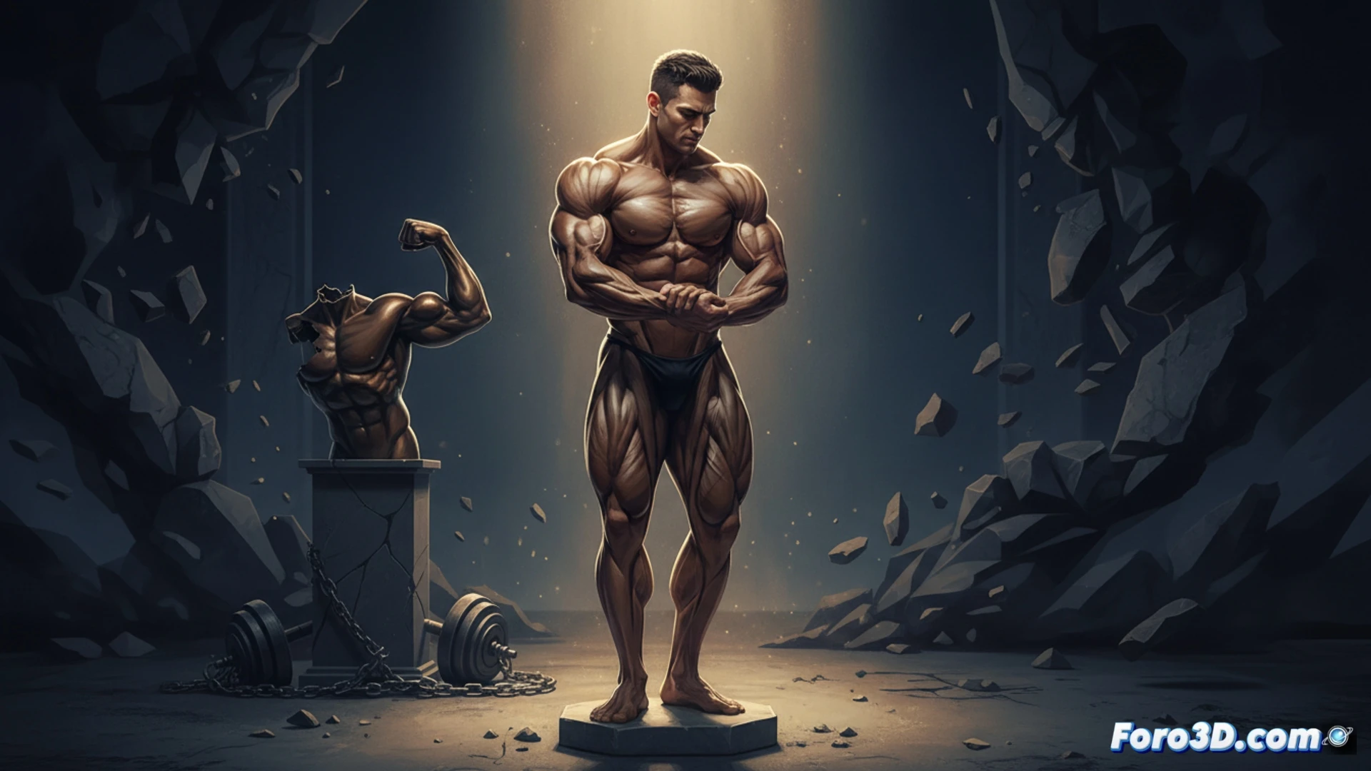 muscular male physique in a dimly lit gym, performing a heavy dumbbell fly on an incline bench, sweat dripping from sculpted biceps and shoulders, gym equipment blurred in background, intense facial expression showing emotional struggle, cinematic photorealistic style, dramatic side lighting emphasizing muscle definition and texture, dark moody atmosphere with deep shadows, artistic composition highlighting body as living sculpture, raw and vulnerable moment of training, no text or numbers visible
