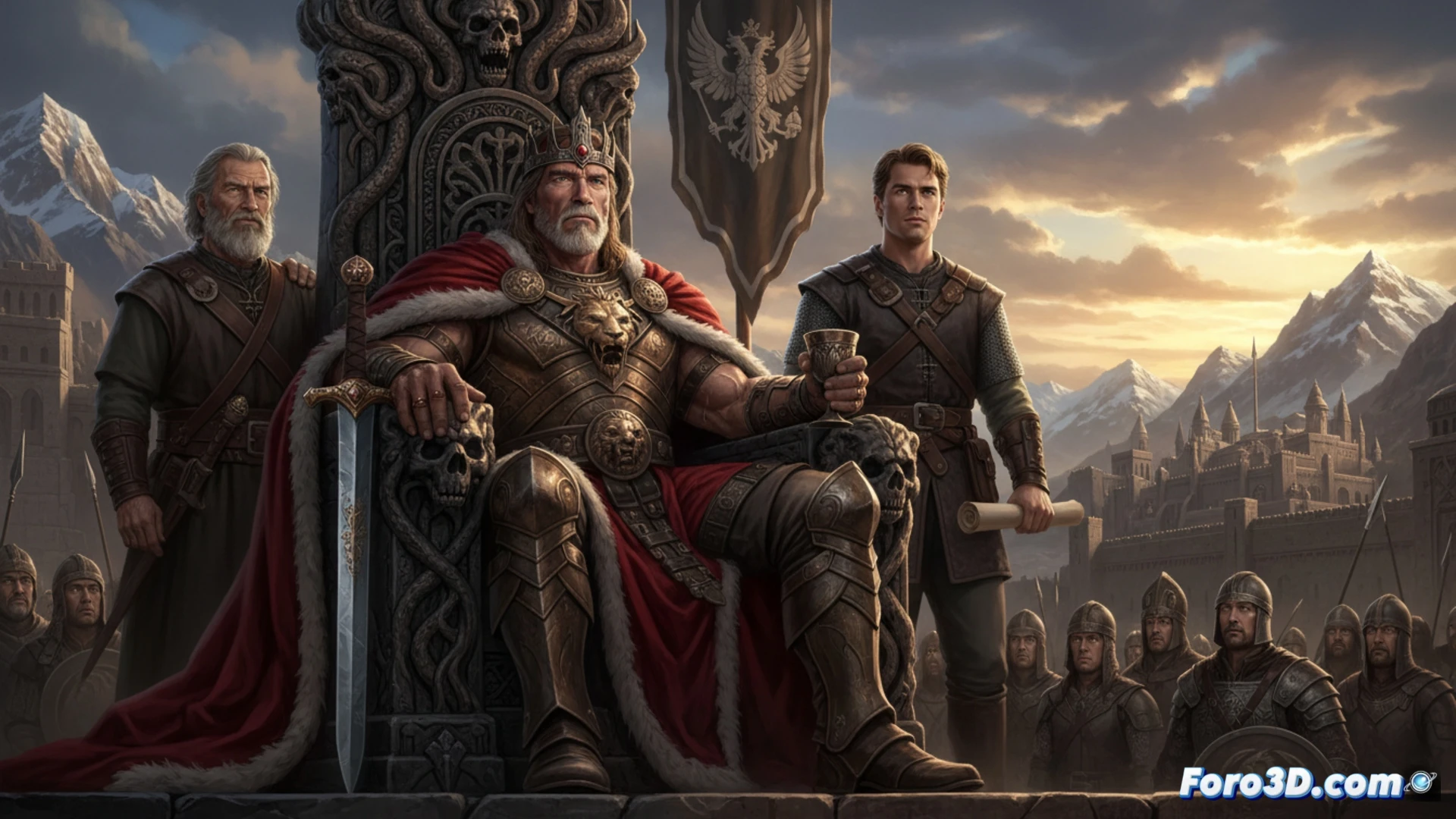 aging muscular King Conan wielding a massive battle-axe while standing over a fallen mechanical war-beast, sparks flying from damaged bronze gears and hydraulic pistons, Arnold Schwarzenegger silhouette in fur loincloth, film slate with clapperboard visible on set, Christopher McQuarrie in director chair holding a script, 20th Century Studios logo subtly embedded on a camera rig, cinematic photorealistic style, dramatic low-angle lighting, dust particles in shaft of sunlight, ultra-detailed metal textures on the beast, action frozen mid-swing, muscle definition and sweat visible, technical film production elements like boom microphone and dolly tracks in foreground, high contrast shadows, epic fantasy engineering visualization