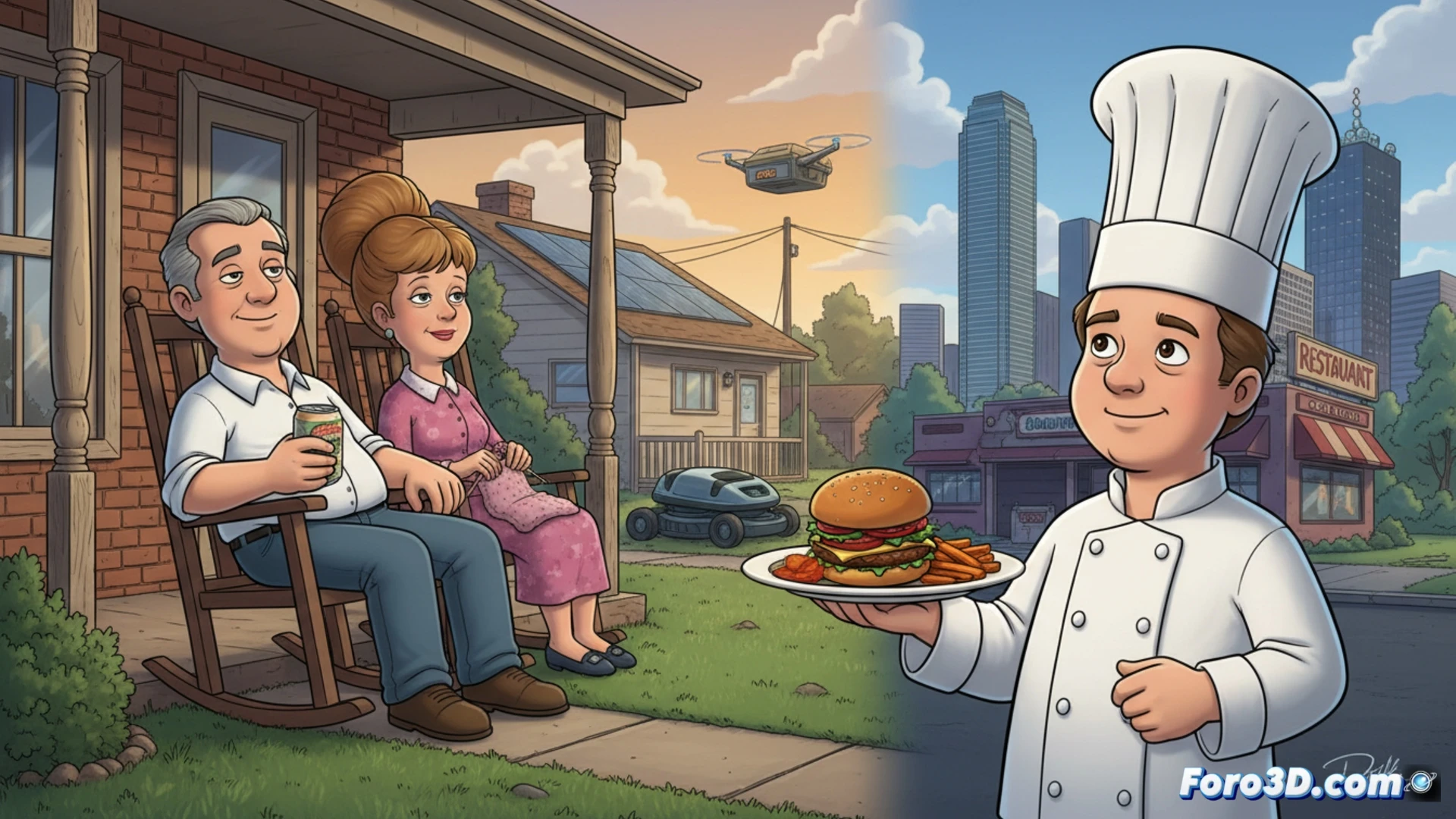 Hank y Peggy Hill en su sala de Arlen, con un letrero de 'Nuevo Hulu 20 julio' y Bobby joven chef.