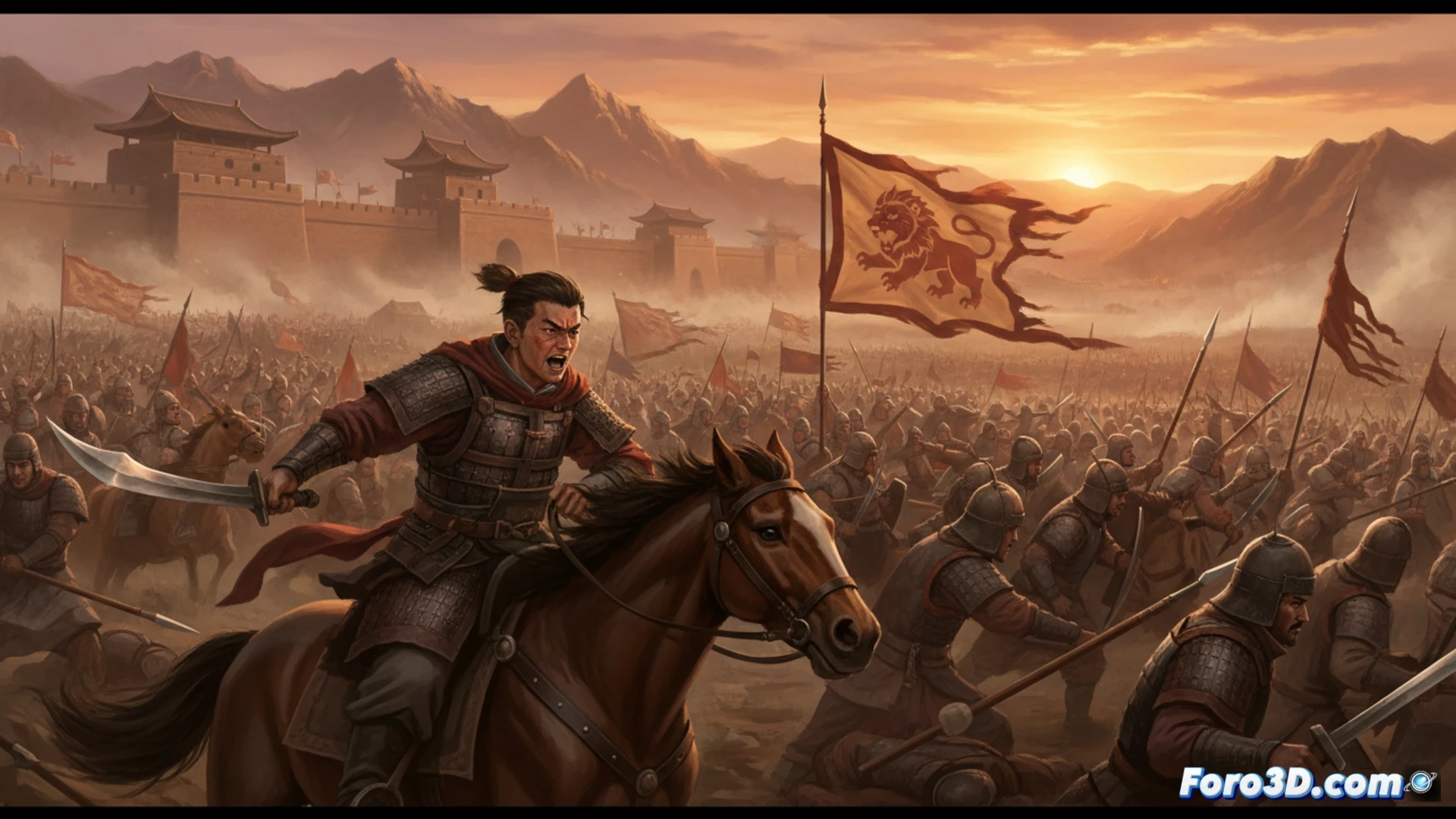 Una épica escena de batalla: Xin, con armadura desgarrada, blande una espada ensangrentada mientras oleadas de soldados chocan bajo cielos tormentosos.