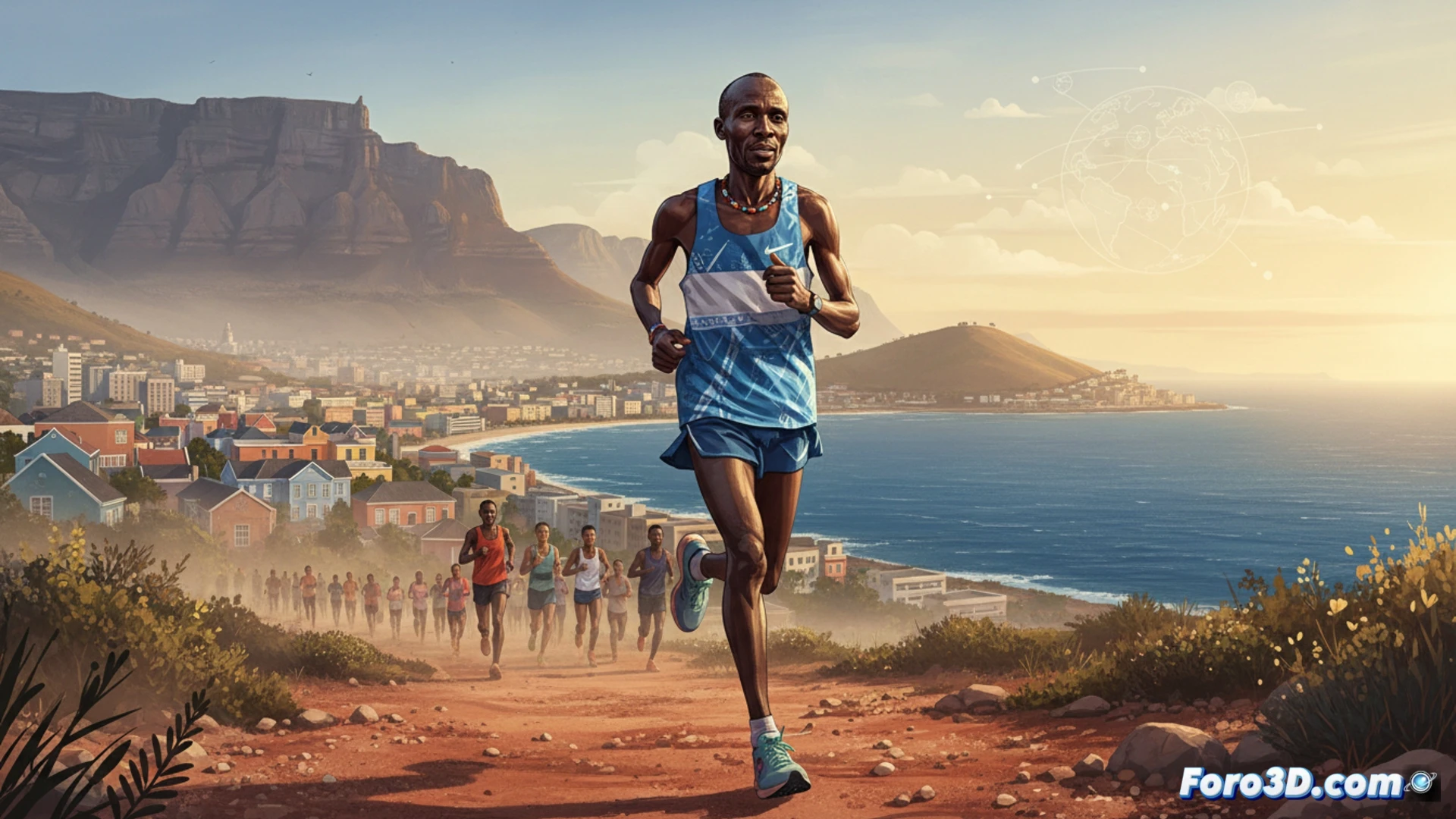 Eliud Kipchoge corriendo descalzo sobre un sendero de tierra roja en Ciudad del Cabo, sin reloj en la muñeca, mientras su sombra se alarga bajo una luz dorada de atardecer, un GPS portátil apagado cuelga de su cintura, zapatillas deportivas atadas a su mochila, nubes de polvo levantándose detrás de sus pies, árboles de acacia y montañas al fondo, simbolismo de peregrinaje global, estilo cinematográfico fotorrealista, acción pausada y reflexiva, sin texto ni números visibles.