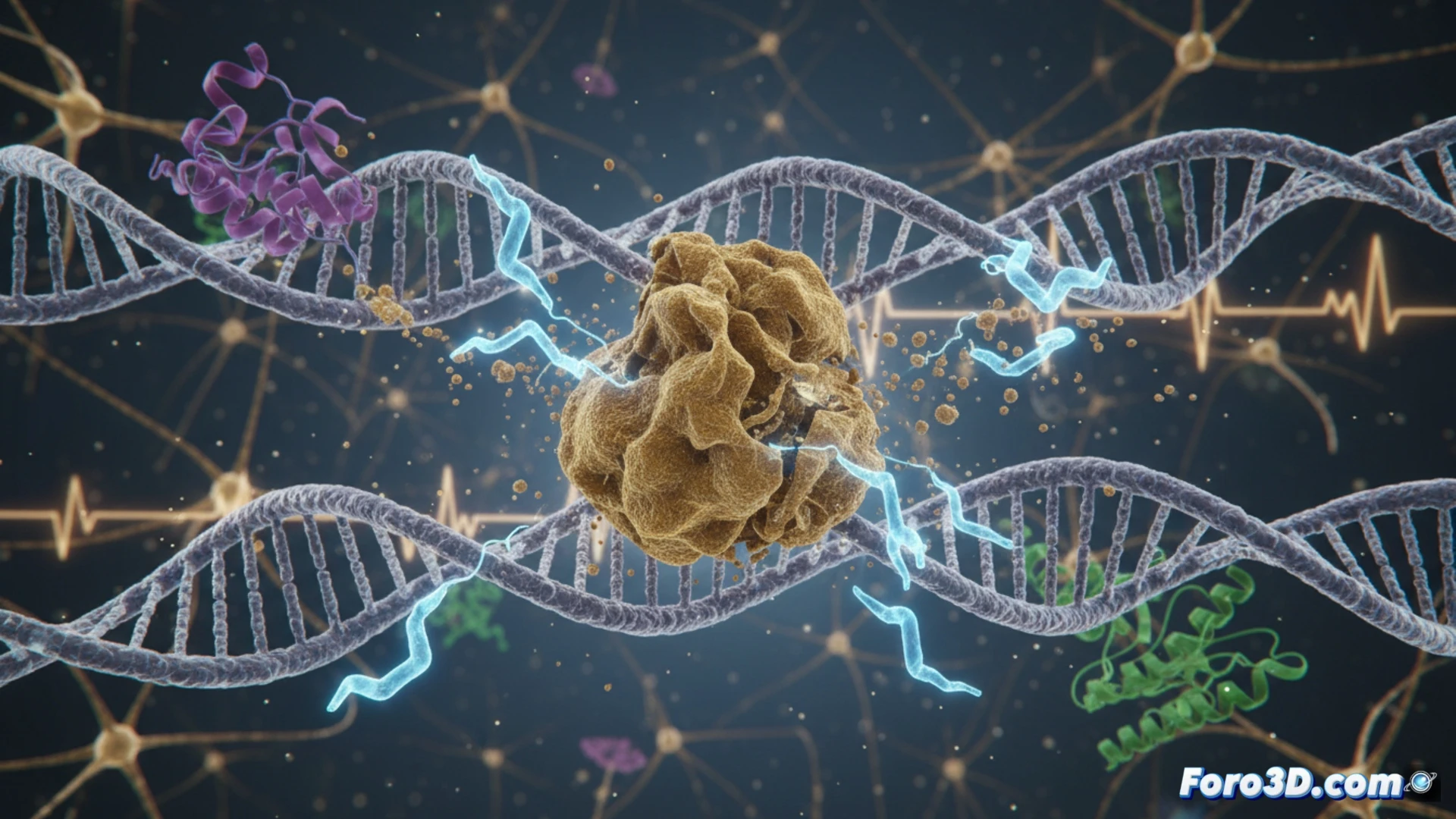 Visualización 3D de anticuerpo monoclonal Kisunla atacando placas amiloides en el cerebro con Alzheimer.