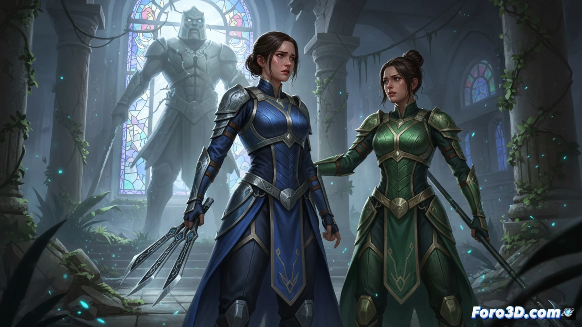 Kitana y Jade, guerreras de Mortal Kombat, con miradas de lealtad y conflicto interior, bajo cielos tormentosos.