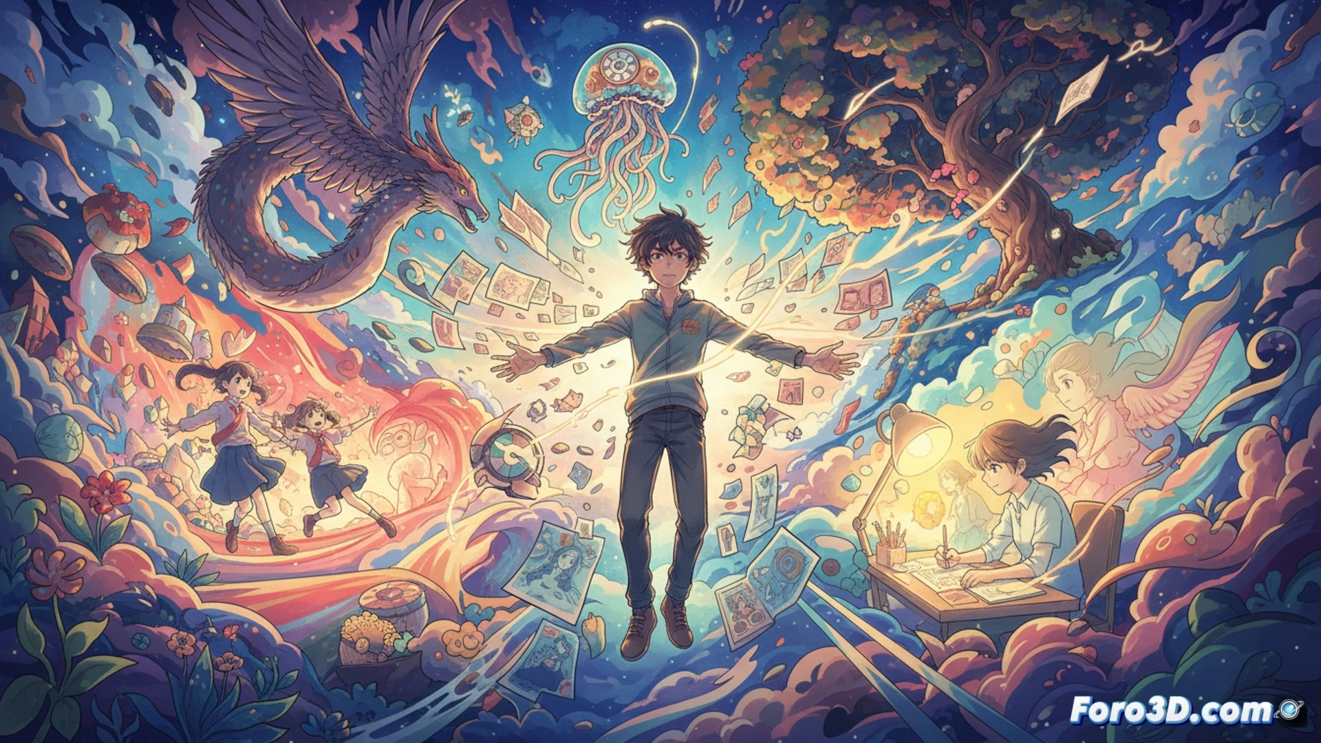 Un estudio de animación onírico con trazos libres y coloridos, donde un joven director da vida a mundos imaginarios.