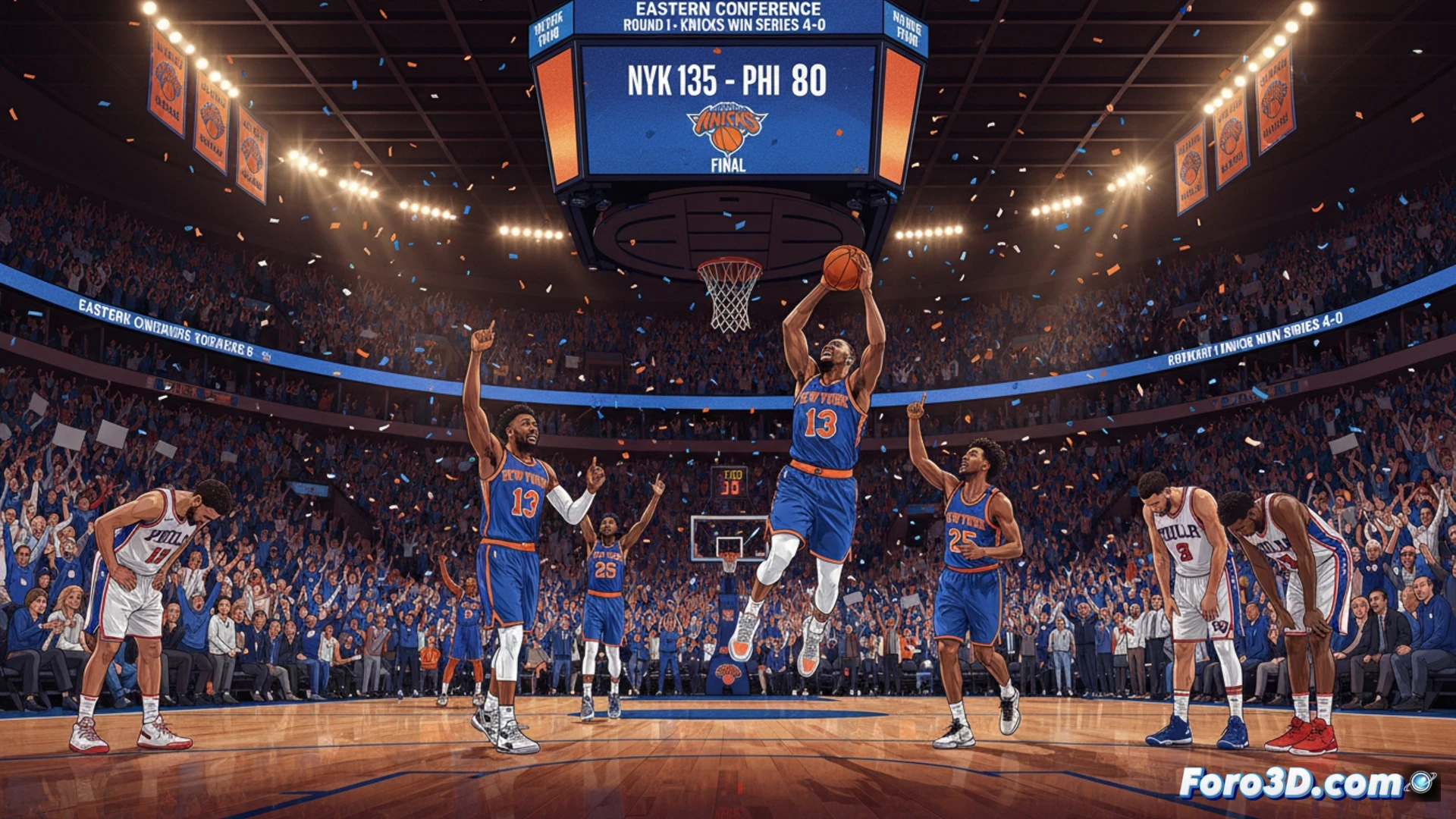 Jugadores de Knicks celebran en la cancha del Madison Square Garden mientras aficionados vitorean con el marcador 4-0 visible.