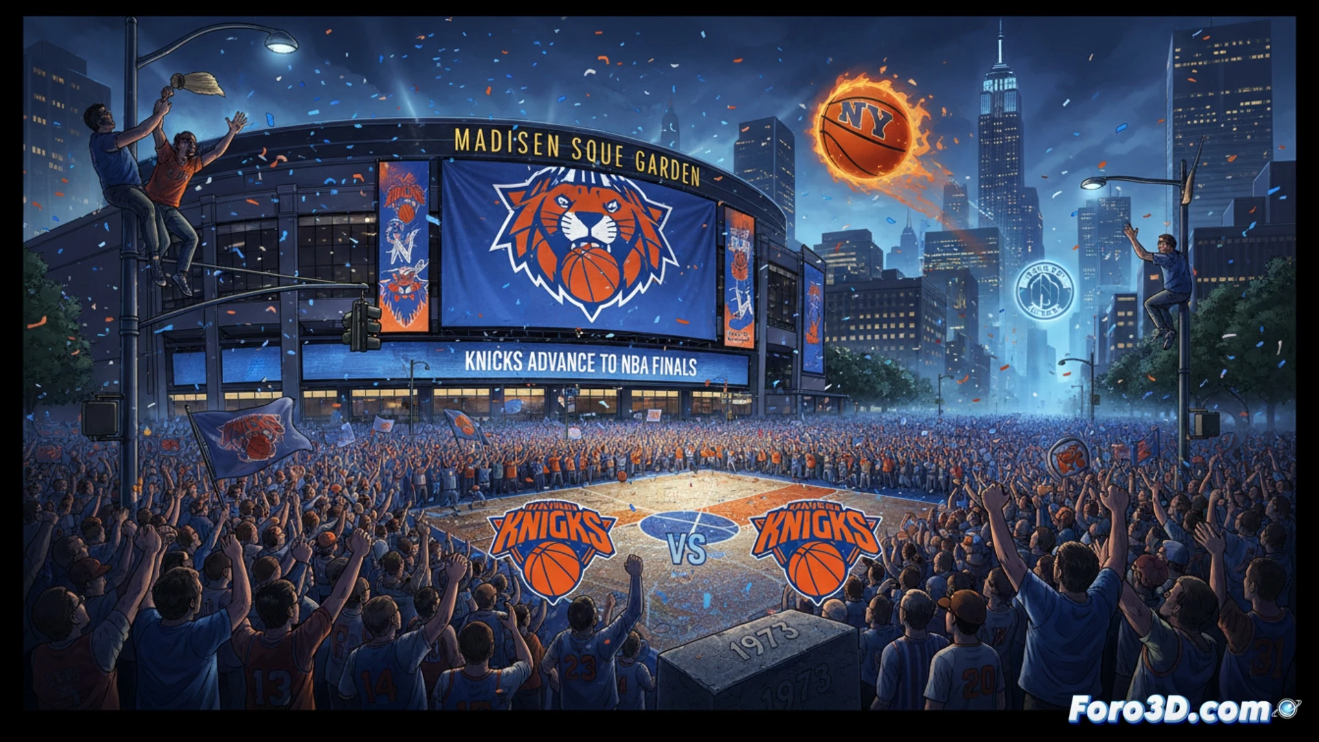 Madison Square Garden erupting in celebration, Knicks players mid-court huddle with arms raised, confetti raining down under bright arena lights, hardwood floor reflecting motion blur, fans waving orange and blue towels in stands, dramatic cinematic sports photography style, high contrast lighting, deep shadows, dynamic crowd energy, ultra-detailed faces and jerseys, photorealistic game moment, emotional victory scene, wide-angle lens perspective, intense jubilant atmosphere, sports editorial visual.