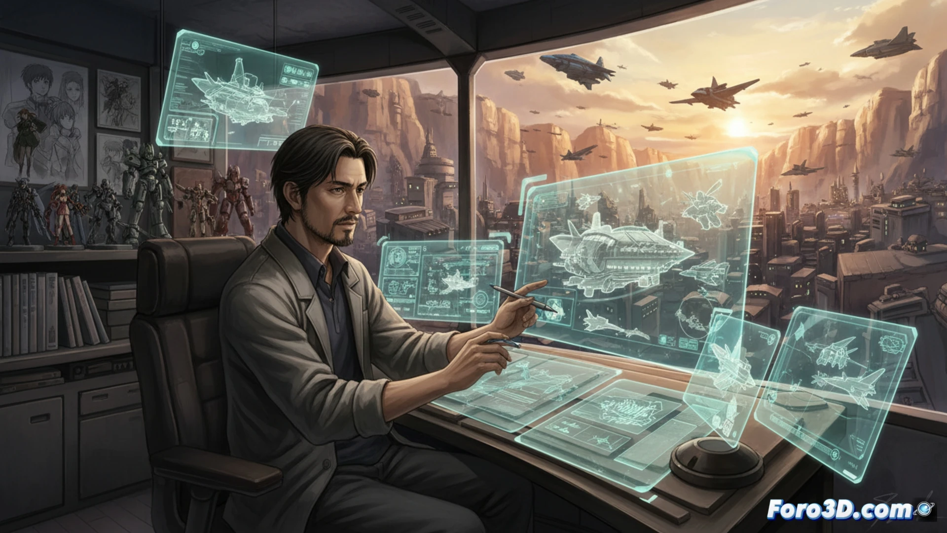 Un artesano del anime dibuja un enorme dirigible sobre un mundo de ciencia ficción detallado, con batallas aéreas coreografiadas al fondo.