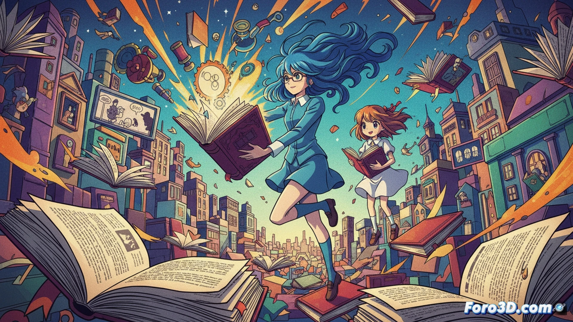 Un animado pop-art con libros volando, lápices y colores vibrantes, simbolizando la fusión de lectura y creatividad.