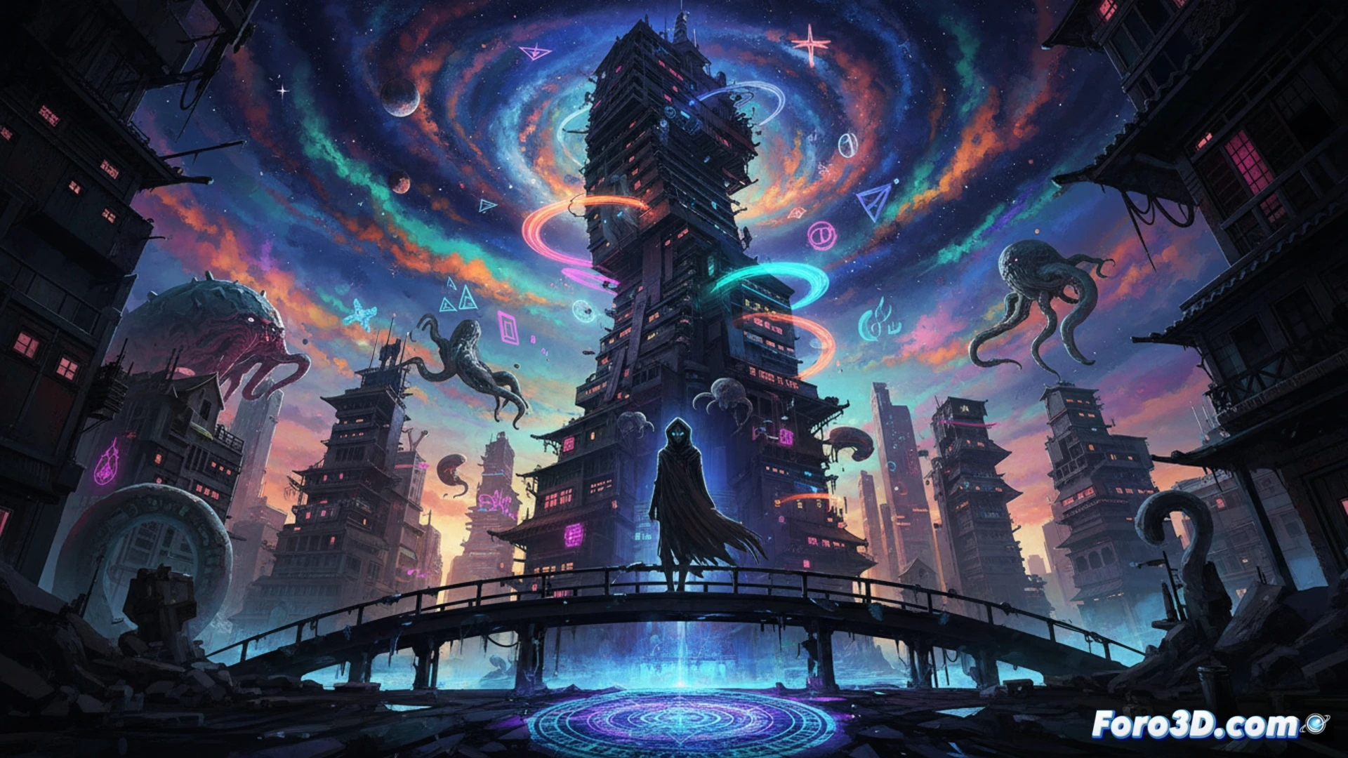 Ilustración de Koji Morimoto: un paisaje urbano onírico con edificios distorsionados, luces psicodélicas y figuras etéreas, fusionando técnica tradicional y surrealismo esotérico.