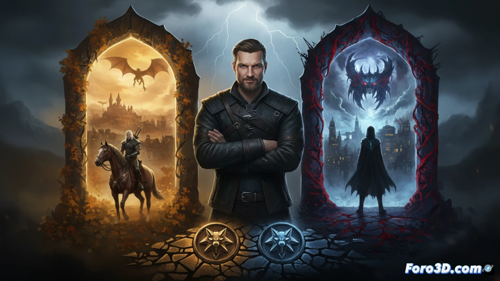 Konrad Tomaszkiewicz, sereno y confiado, entre sombras de lobo y espadas, simboliza la evolución de The Witcher 3 a Dawnwalker.