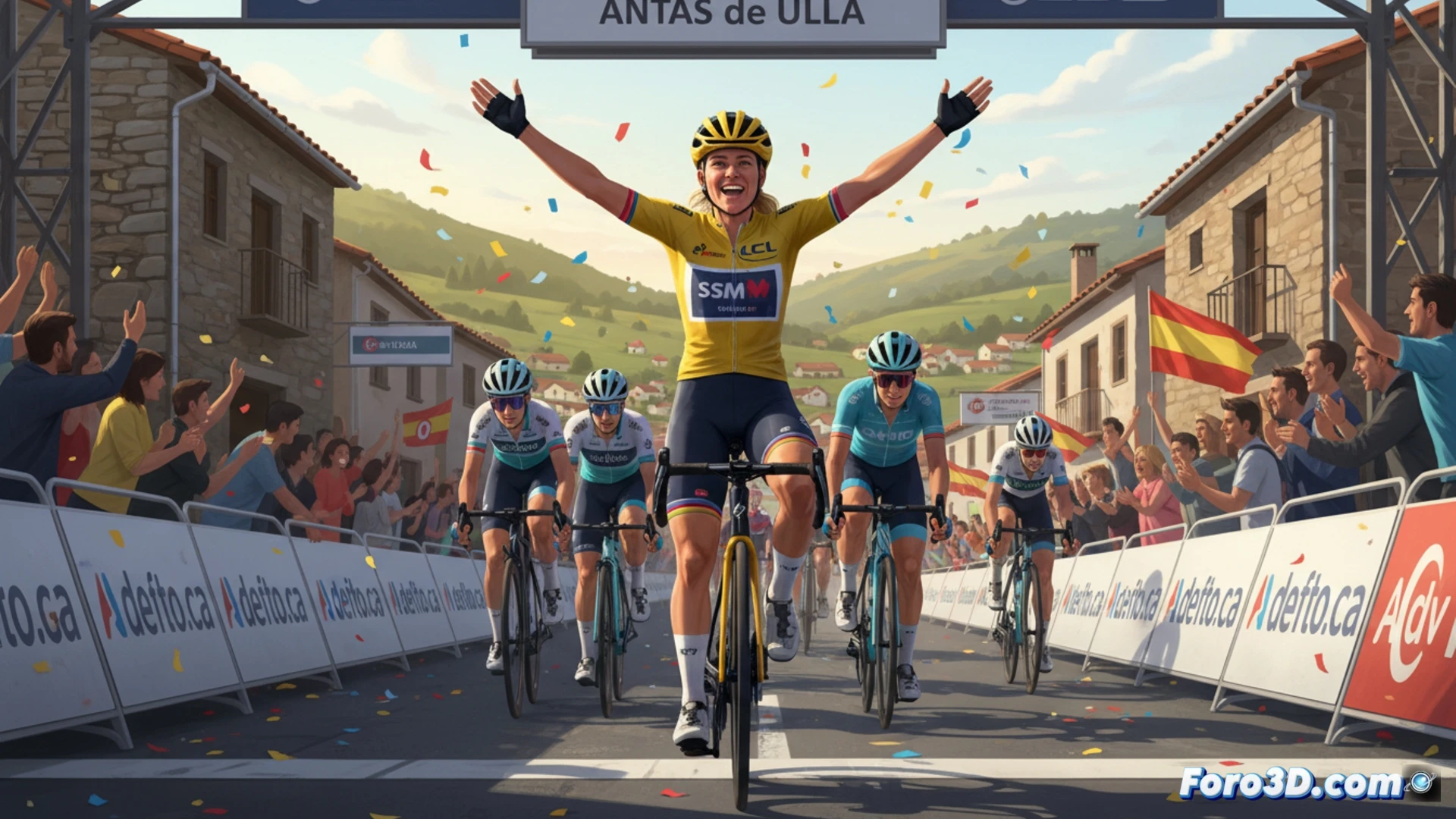Lotte Kopecky cruza la meta en Antas de Ulla, con brazos alzados y el maillot rojo de líder.