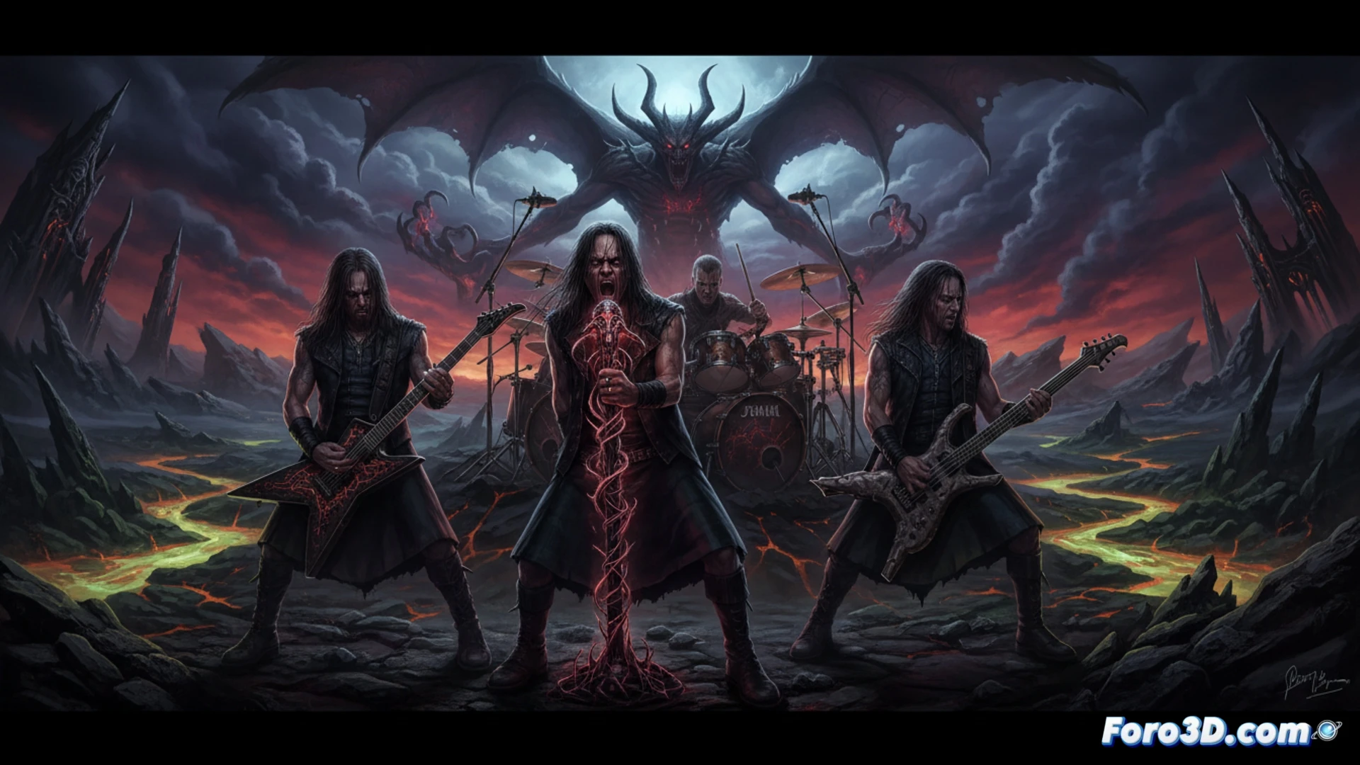 Sugiero esta descripción detallada para la imagen:

La banda Korn aparece en un escenario infernal y rojizo, con el vocalista Jonathan Davis al frente, iluminado por llamas digitales. Al fondo, se proyecta el logo de Diablo IV y criaturas demoníacas del juego, mientras el grupo toca con intensidad bajo una luz neón roja y negra.

DESCRIPCIÓN (80-120 caracteres):
Korn toca en un escenario infernal rojizo con llamas digitales y el logo de Diablo IV al fondo, mientras Jonathan Davis canta rodeado de criaturas demoníacas.