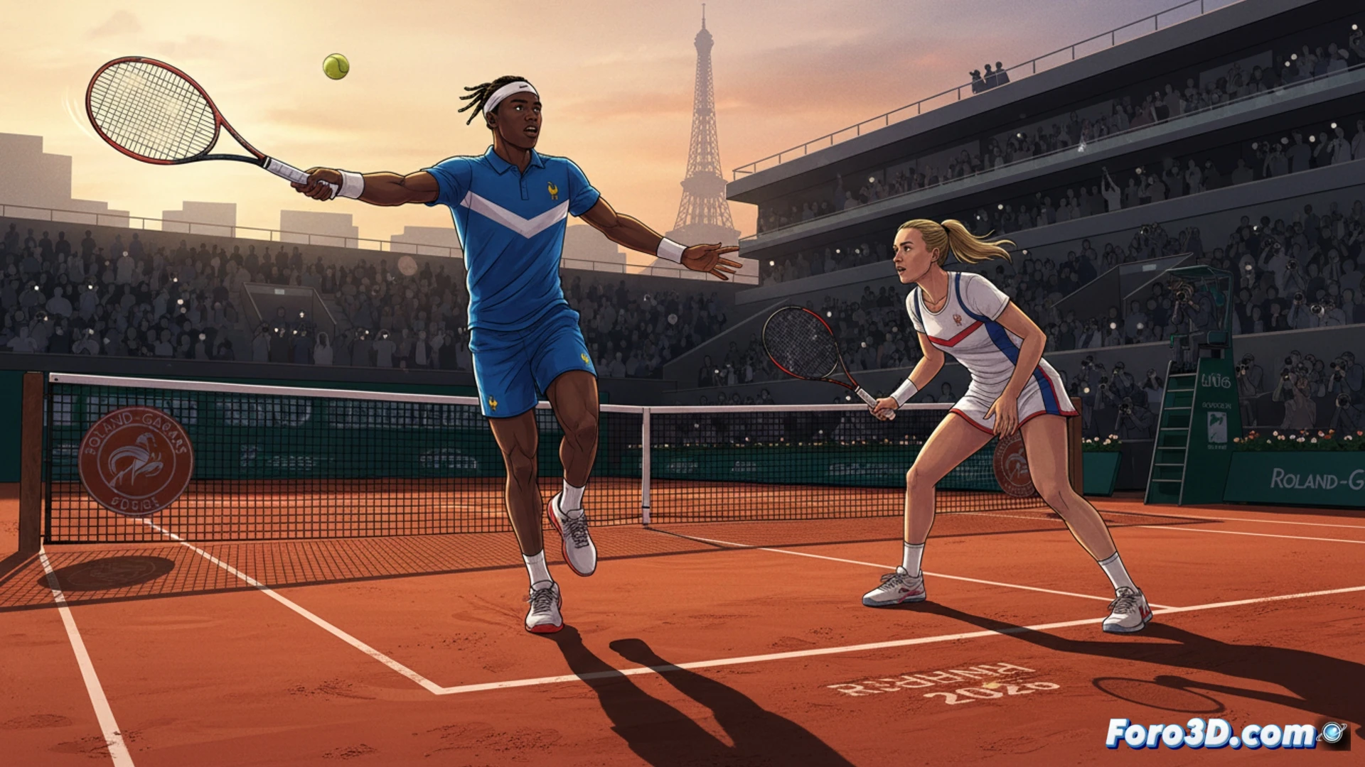 two teenage tennis players mid-action on clay court, Moïse Kouamé executing a powerful serve with racquet swing follow-through, Ksenia Efremova in defensive split-step ready position, ball trajectory visible with motion blur, net tension cables and clay scuff marks, stadium stands in background, cinematic sports photography style, golden hour sunlight casting long shadows, photorealistic render, shallow depth of field focusing on athletes faces and racquet strings, dramatic contrast between bright court and dark background