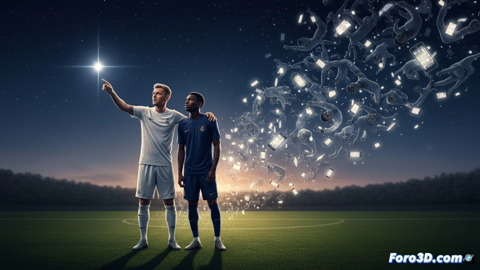 Toni Kroos señala al cielo. Al fondo, Dembélé con mochila, aceptando un rol secundario. Humildad en el fútbol moderno.
