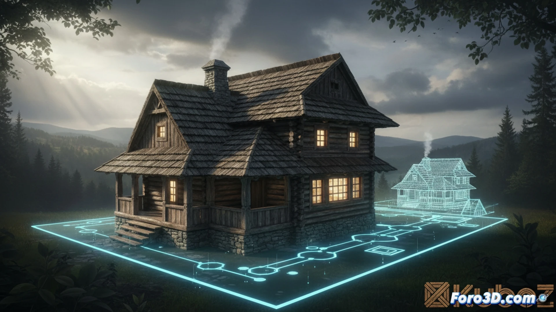 Blender viewport showing a wooden Moravian Wallachia house being procedurally assembled by glowing geometry nodes, roof beams sliding into place while walls extrude in real time, green node wires connecting modular elements, technical illustration style, wireframe overlay on half the building, photorealistic wood textures on the finished side, dramatic side lighting, dark grey background, clean interface with node editor panel visible, cinematic engineering visualization
