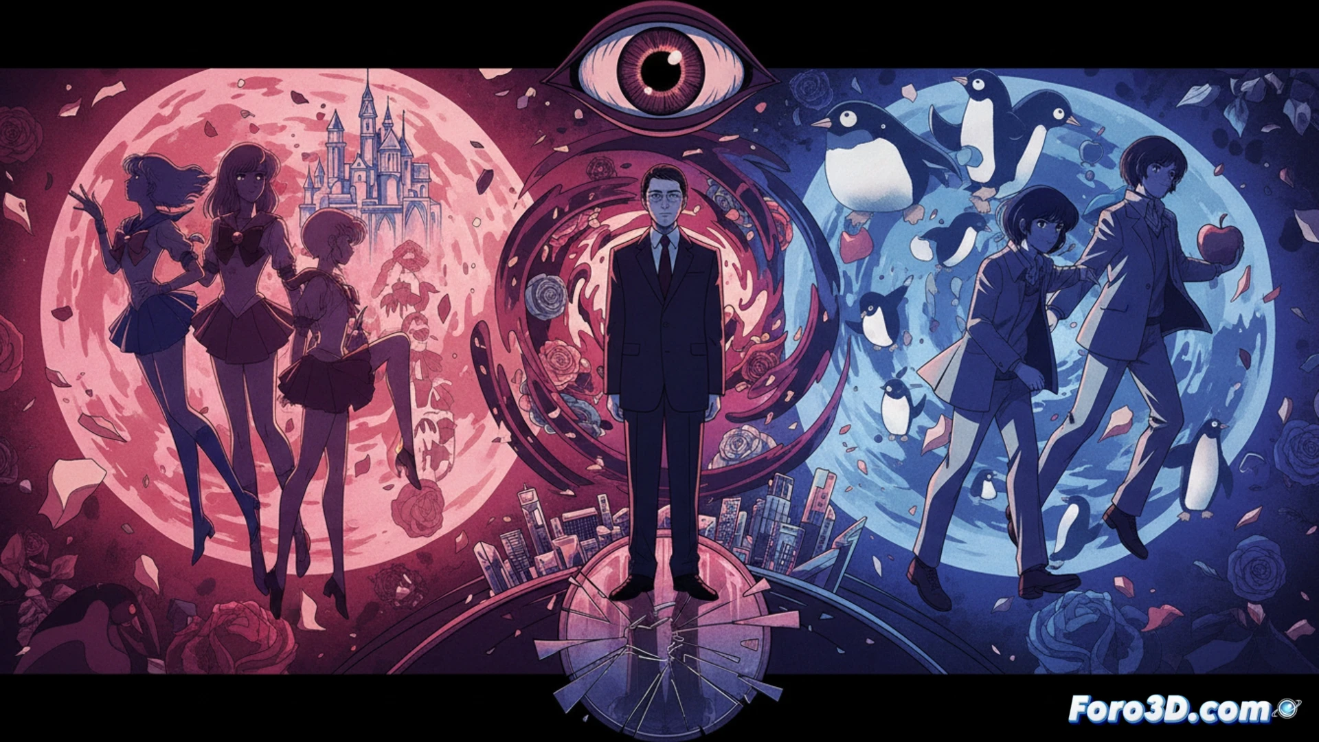 Kunihiko Ikuhara en primer plano, con fondo de Sailor Moon, Utena y Penguindrum; simbolismo surrealista y estilo shoujo abstracto.