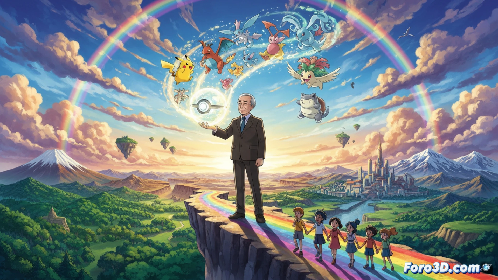 Un paisaje épico de Pokémon: Ash y Pikachu en un atardecer, con vastos campos y un legendario al fondo, simbolizando amistad y aventura.