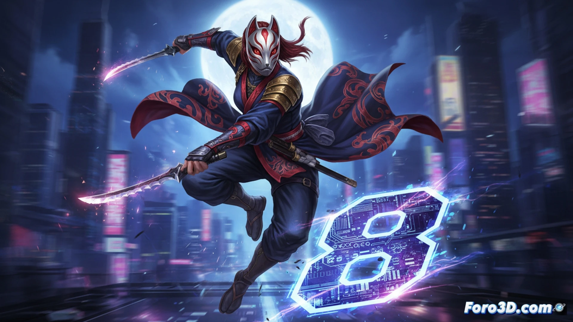 Kunimitsu, con su máscara ninja y garras, listo para luchar en un escenario iluminado de Tekken 8.