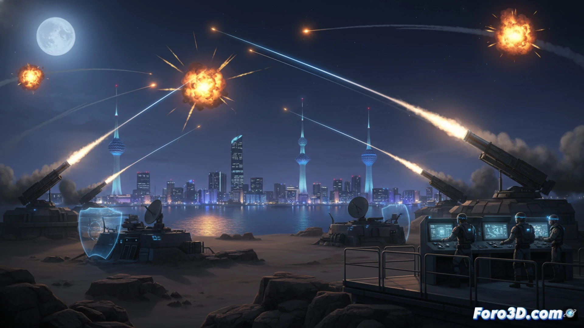 Kuwaiti night sky illuminated by multiple interceptor missiles launching from urban defense batteries, three incoming drones being targeted by anti-aircraft systems, smoke trails crisscrossing over residential skyline, radar dish rotating on military bunker in foreground, soldiers monitoring glowing screens showing unidentified aerial threats, cinematic photorealistic warzone scene, orange flash of explosions from successful intercepts, no impact damage visible, dramatic low-angle shot, realistic military hardware details, tense atmosphere with searchlights scanning clouds