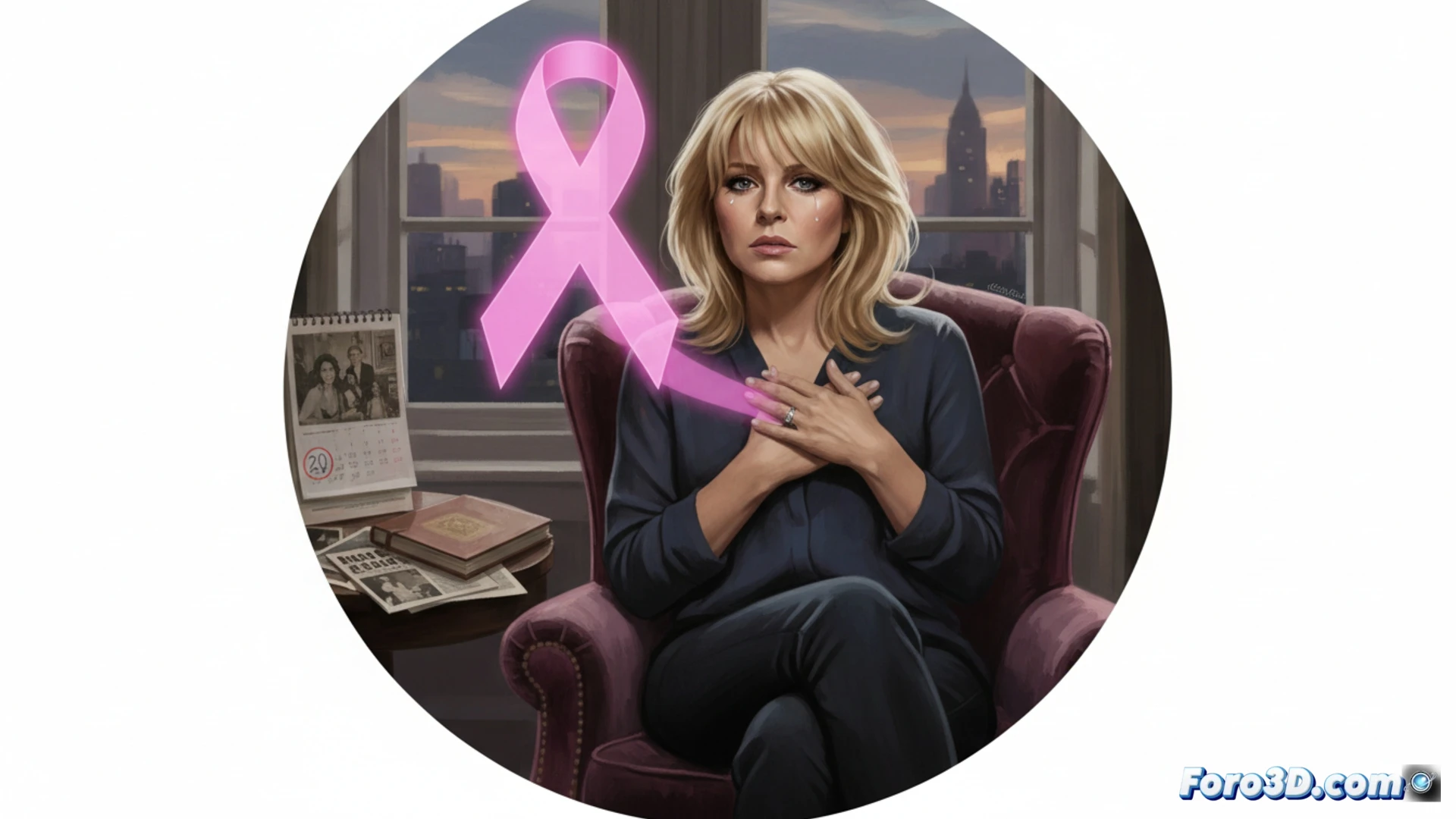 fotografía cinematográfica de Kylie Minogue con expresión reflexiva, sosteniendo una radiografía de mama en alto contraste, fondo oscuro con luz azul médica, manos de cirujano colocando un estetoscopio sobre su hombro, monitor de ecografía mostrando ondas pulsantes en verde, proceso de revisión oncológica en curso, mostrando documentos médicos desplegados sobre una mesa de acero inoxidable, iluminación dramática de estudio con sombras profundas, estilo fotorealista técnico, texturas de piel y metal hiperdetalladas, composición vertical para portada de documental