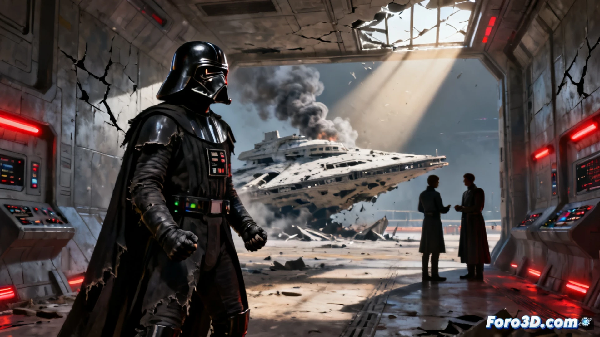 Kylo Ren standing alone on a shattered Star Destroyer bridge, red lightsaber deactivated at his side, smoke rising from destroyed control panels and sparking wires, fractured viewport showing a damaged galaxy, tension with General Hux visible in the background corridor, Pryde observing from a shadowed doorway, cinematic composition, dramatic low-angle shot, dark metallic surfaces, cold blue emergency lights, photorealistic technical illustration, high contrast shadows, debris scattered across the floor, intense emotional stillness before action, ultra-detailed armor scratches and fabric wear